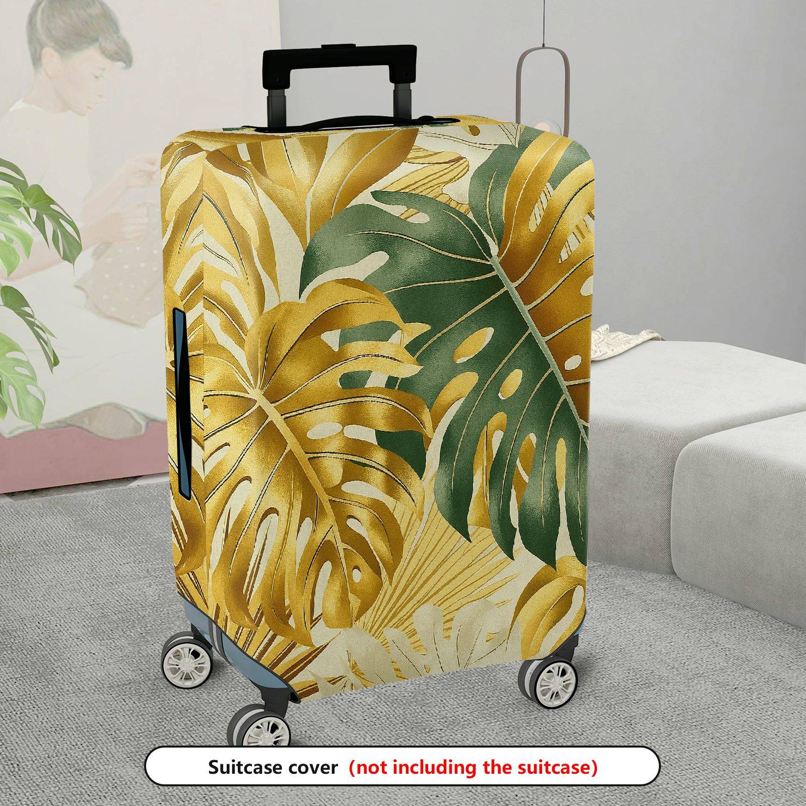 1-Piece Green Gold Tropical Leaf Decorative Exotic Artistic  Suitcase Luggage Cover, Stretch Protective Sleeve