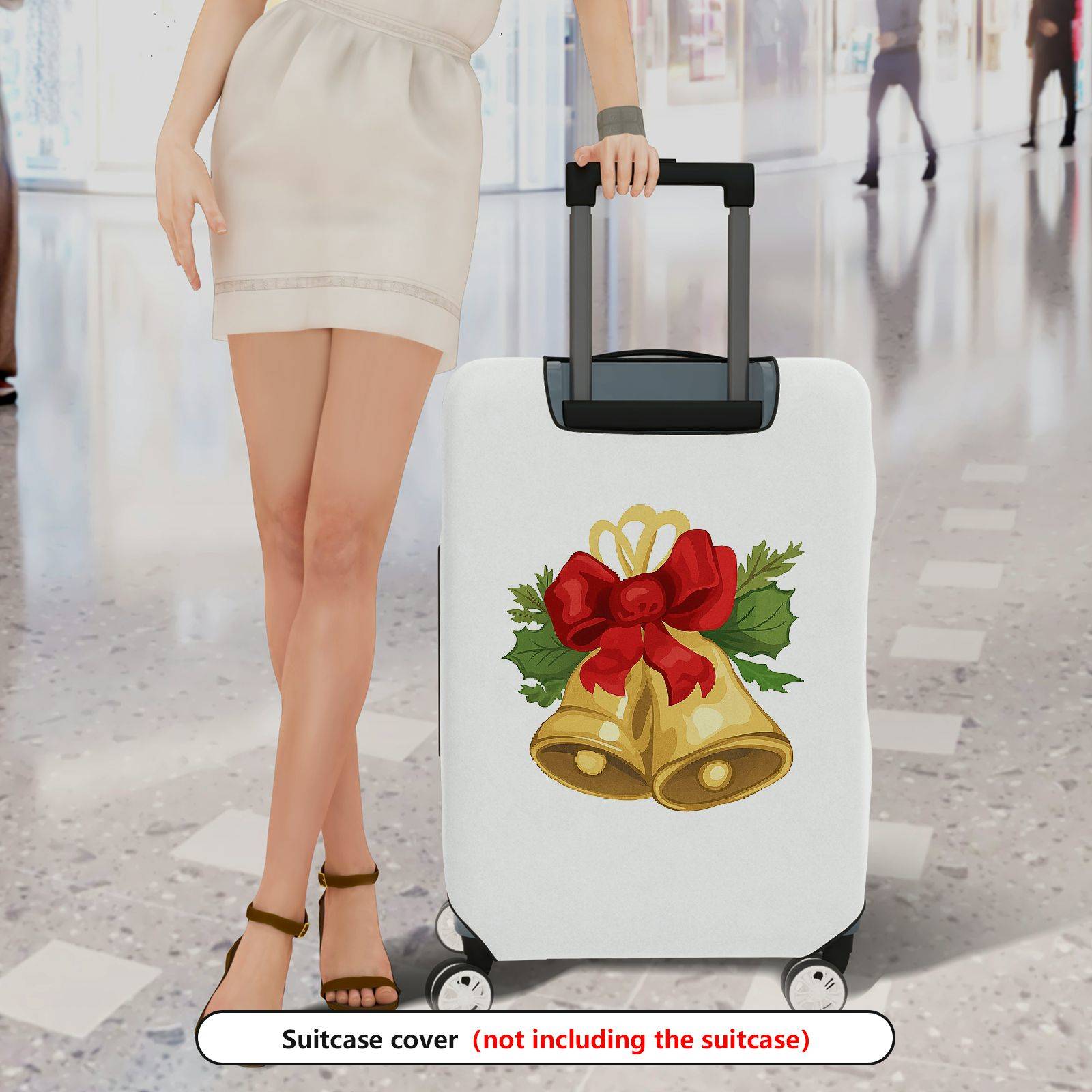 1-Piece Christmas Bell Red Bow Holiday Festive Elegant  Suitcase Luggage Cover, Stretch Protective Sleeve