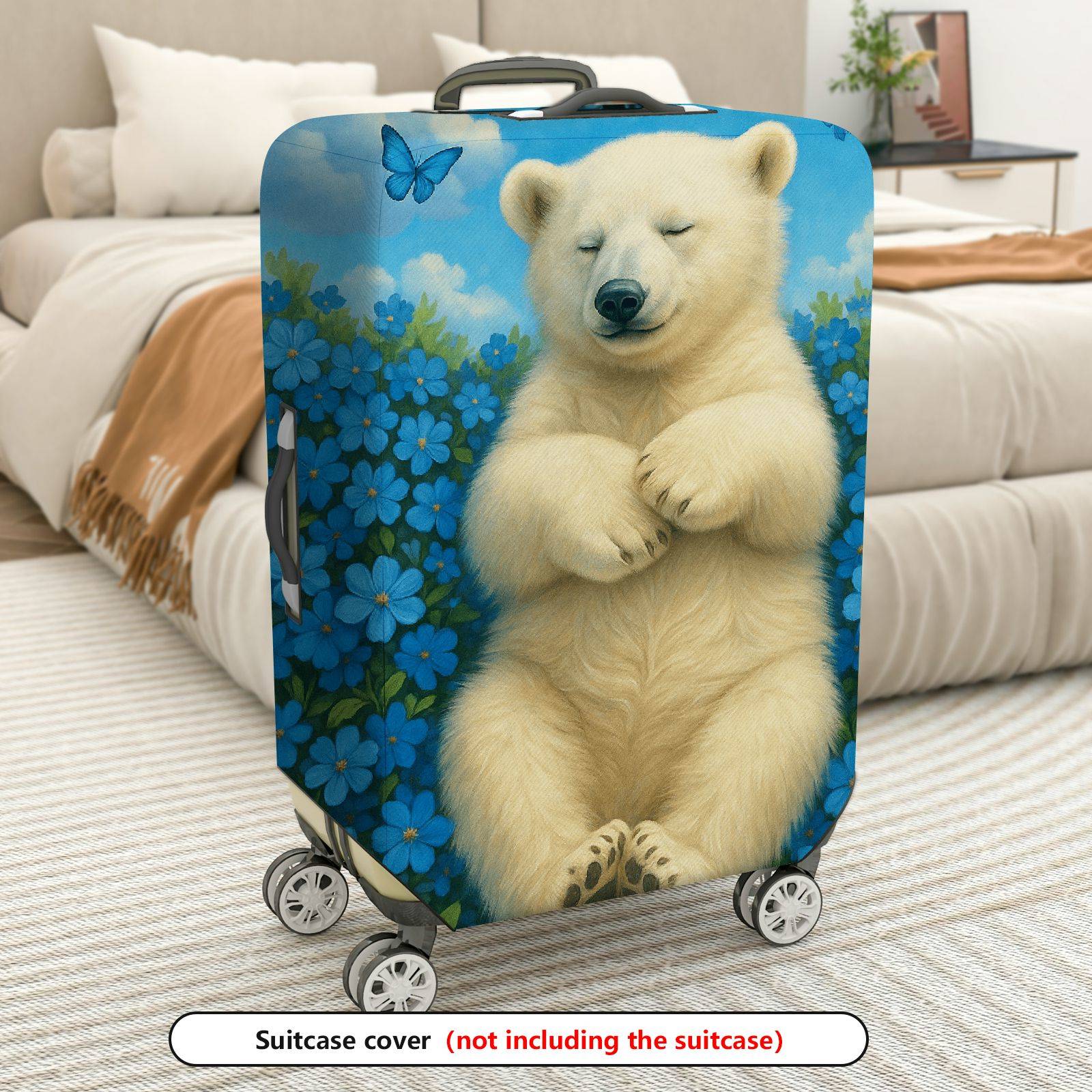 1-Piece Cute Bear Floral Blue Sky Butterfly  Suitcase Luggage Cover, Stretch Protective Sleeve