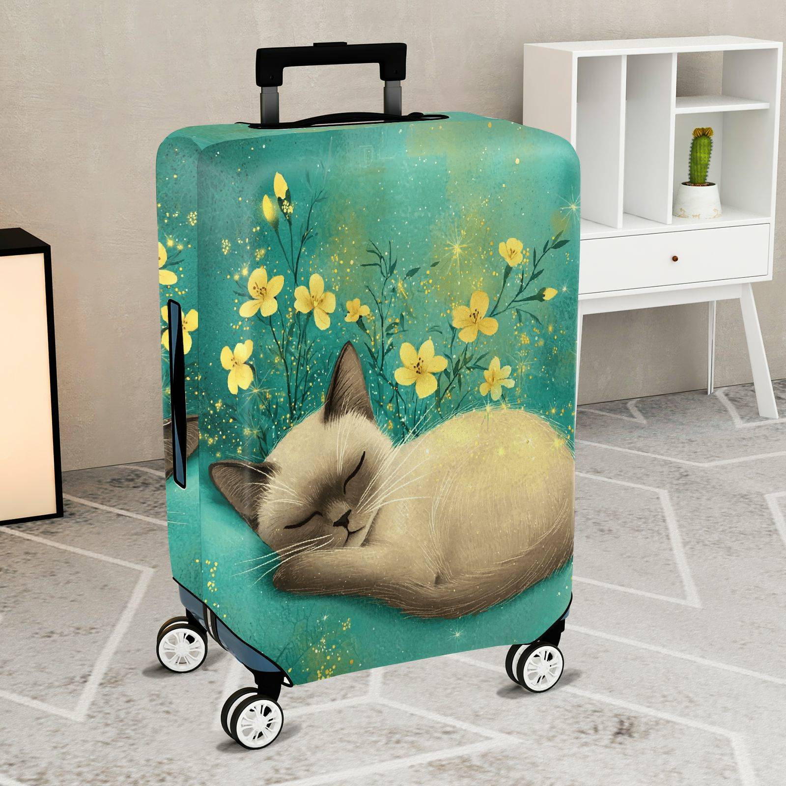 1-Piece Cute Floral Sleeping Cat Nature Artful  Suitcase Luggage Cover, Stretch Protective Sleeve