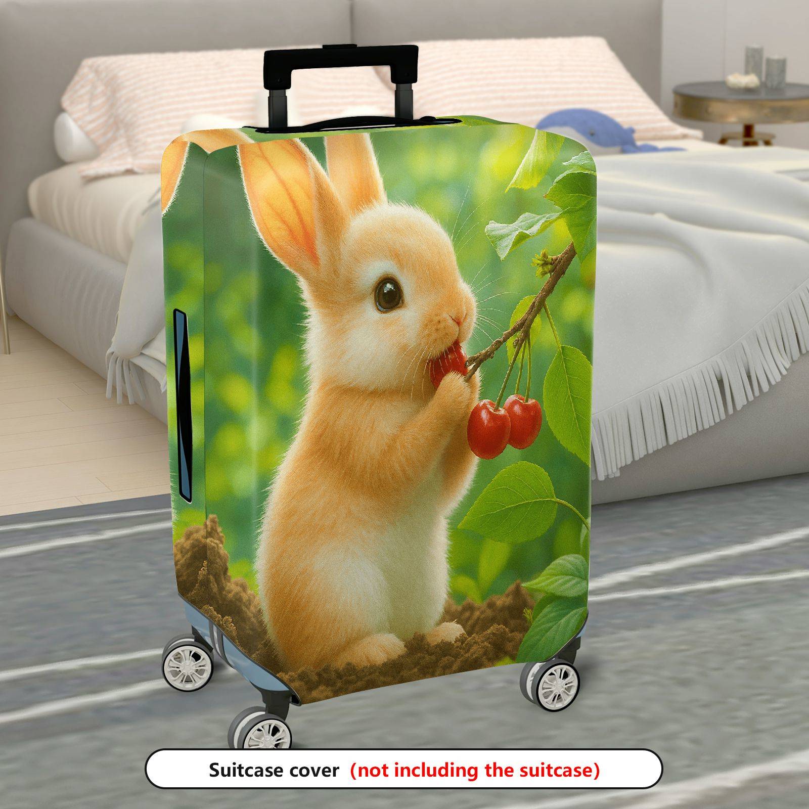 1-Piece Rabbit Cherry Green Nature Cute  Suitcase Luggage Cover, Stretch Protective Sleeve