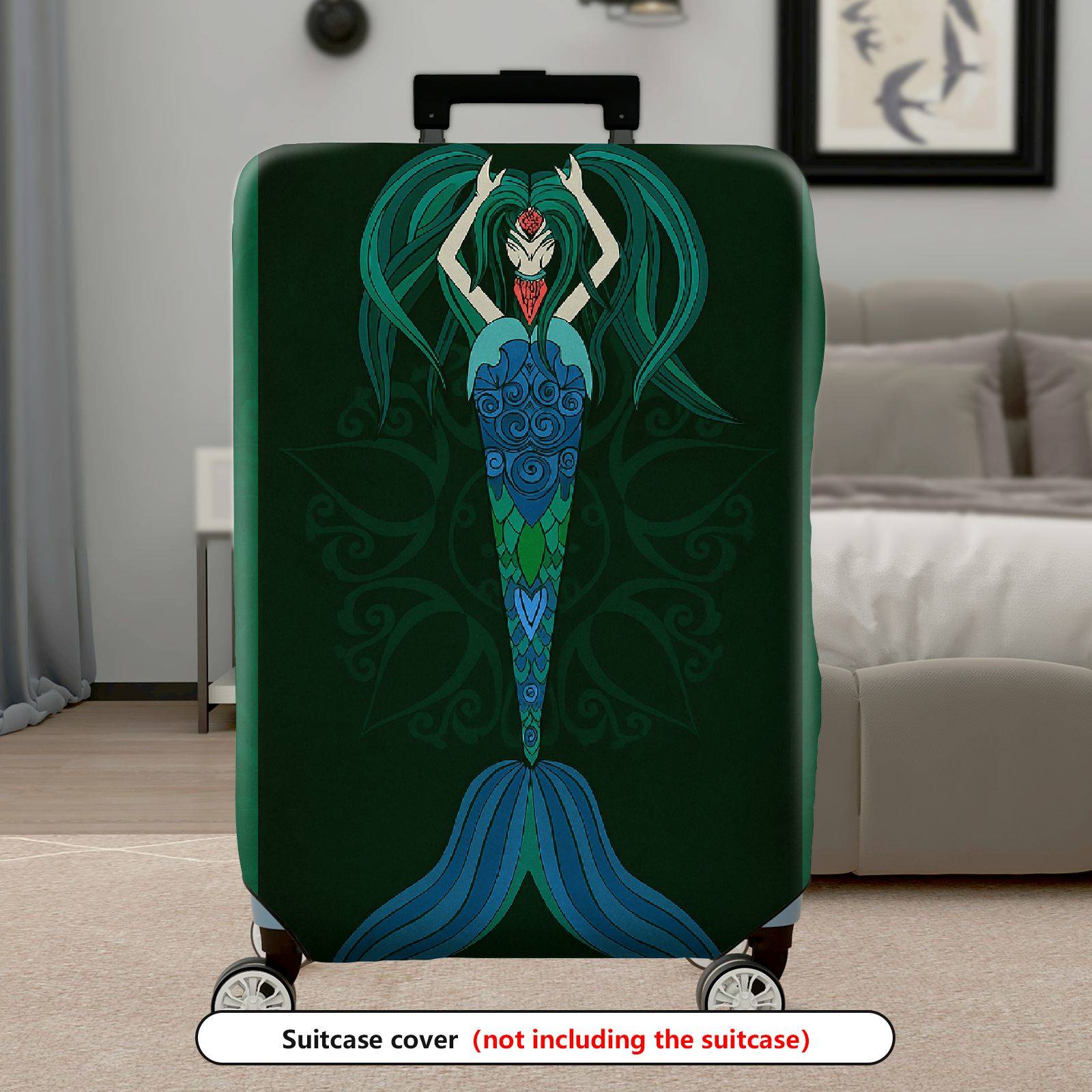 1-Piece Fantasy Mermaid Mythical Green Floral Ornamental  Suitcase Luggage Cover, Stretch Protective Sleeve