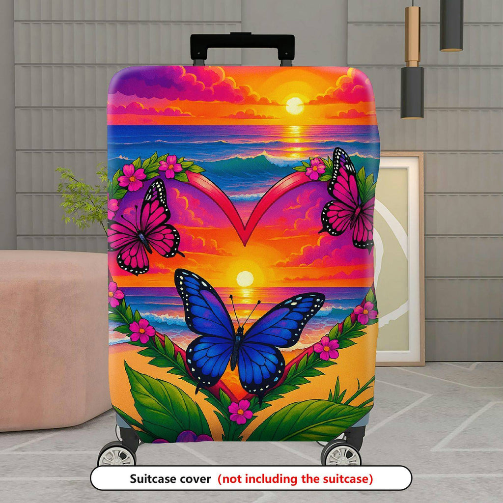 1-Piece Sunset Ocean Heart Butterfly Floral  Suitcase Luggage Cover, Stretch Protective Sleeve