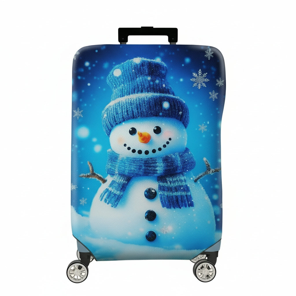 1-Piece Snowman Winter Blue Christmas Holiday Festive  Suitcase Luggage Cover, Stretch Protective Sleeve