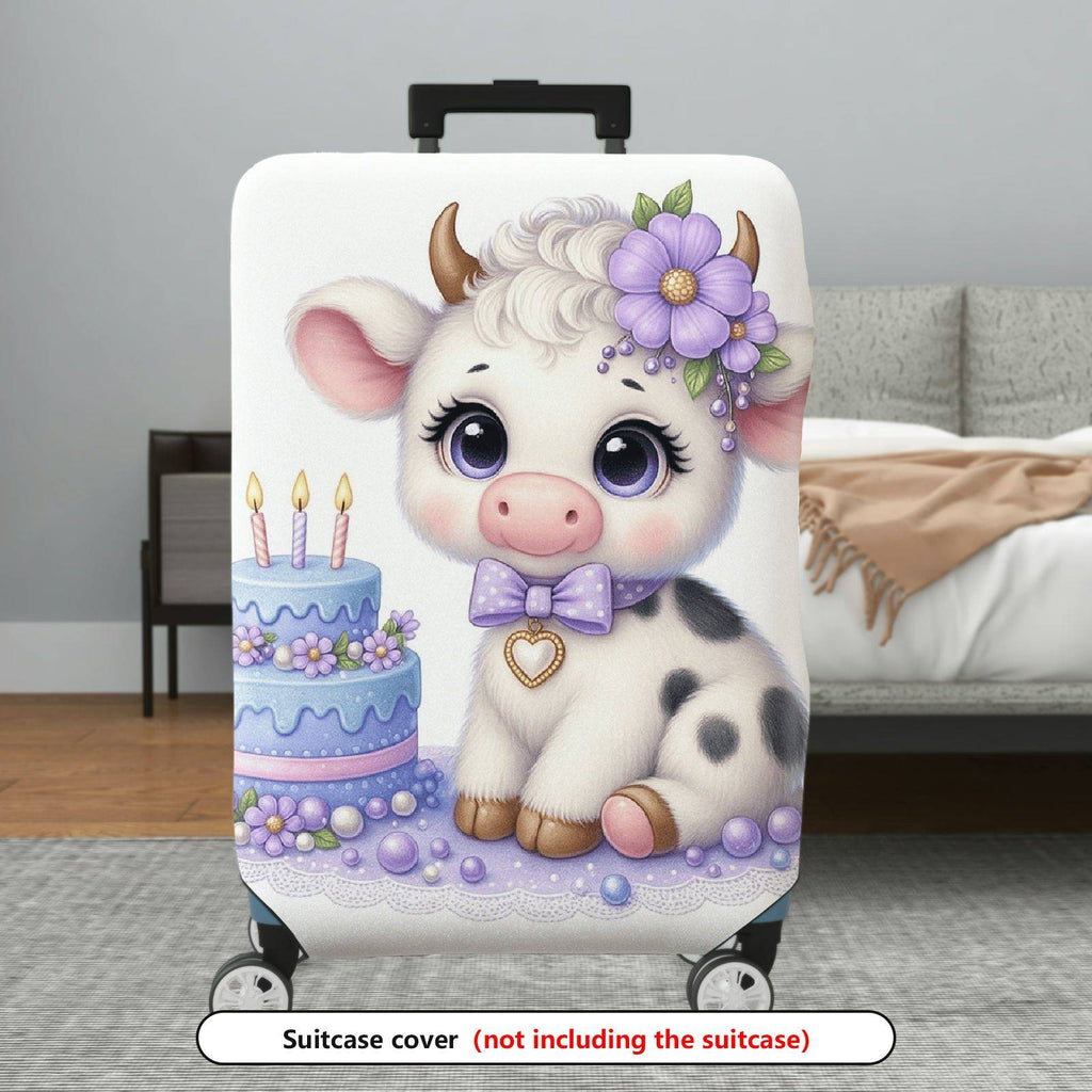 1-Piece Adorable  Cow Birthday Cake Purple Flower Decorative  Suitcase Luggage Cover, Stretch Protective Sleeve