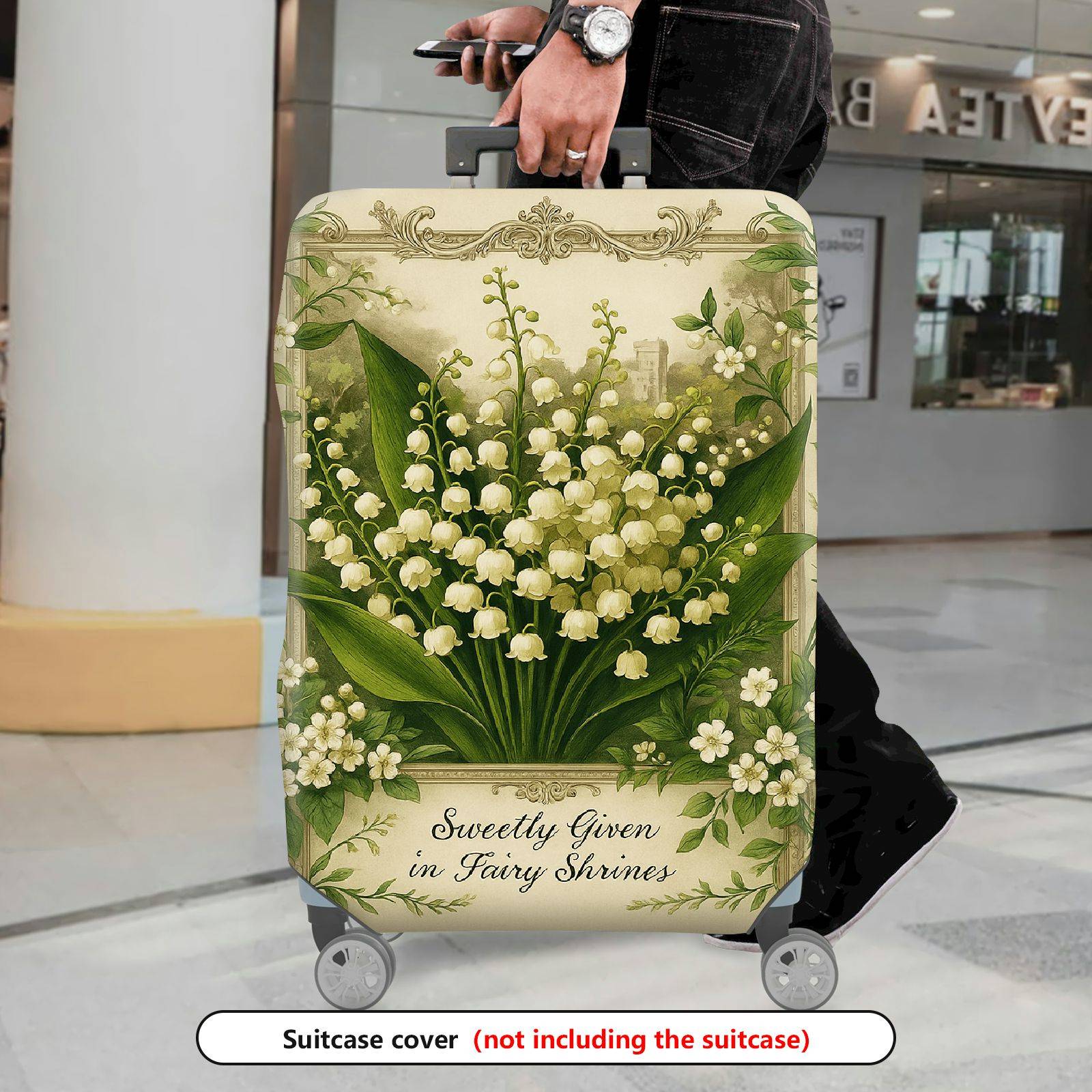 1-Piece Elegant Floral Lily Green Art Vintage  Suitcase Luggage Cover, Stretch Protective Sleeve