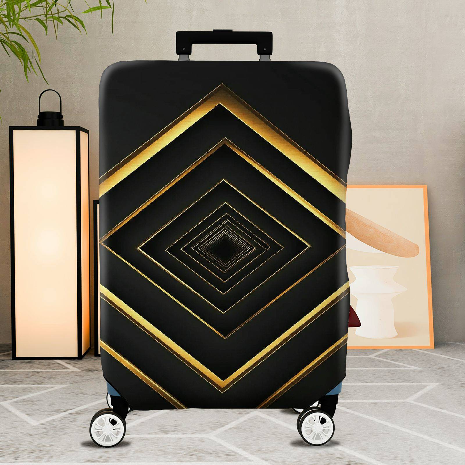 1-Piece Black Gold Geometric Diamond Elegant Stylish Modern  Suitcase Luggage Cover, Stretch Protective Sleeve
