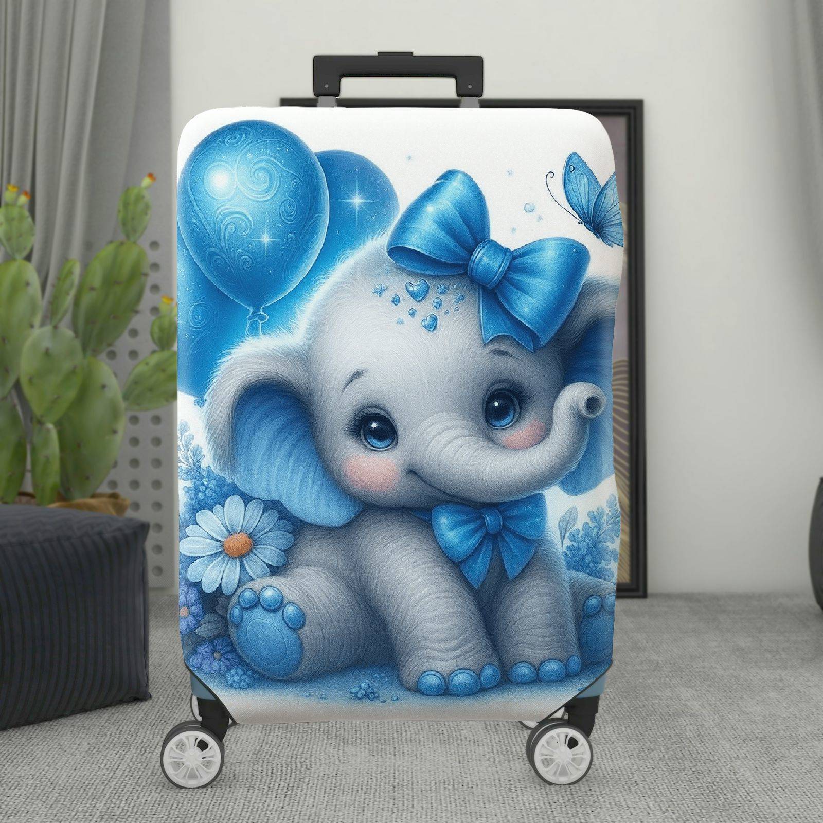 1-Piece Cute Blue Elephant Balloon Floral Bow Butterfly  Suitcase Luggage Cover, Stretch Protective Sleeve