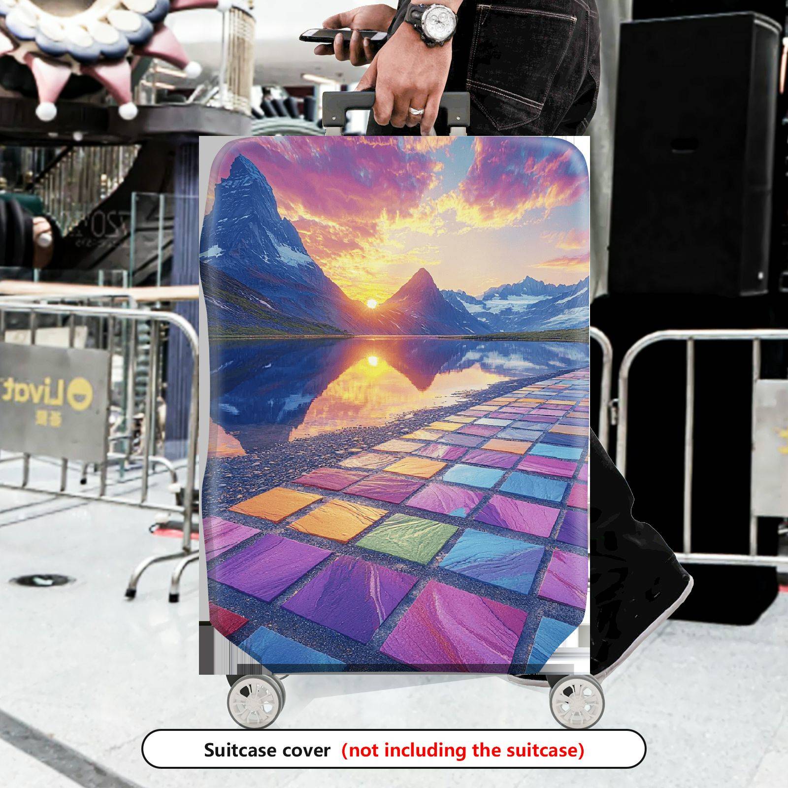 1-Piece Sunset Mountain Reflection Colorful Geometric Scenic  Suitcase Luggage Cover, Stretch Protective Sleeve