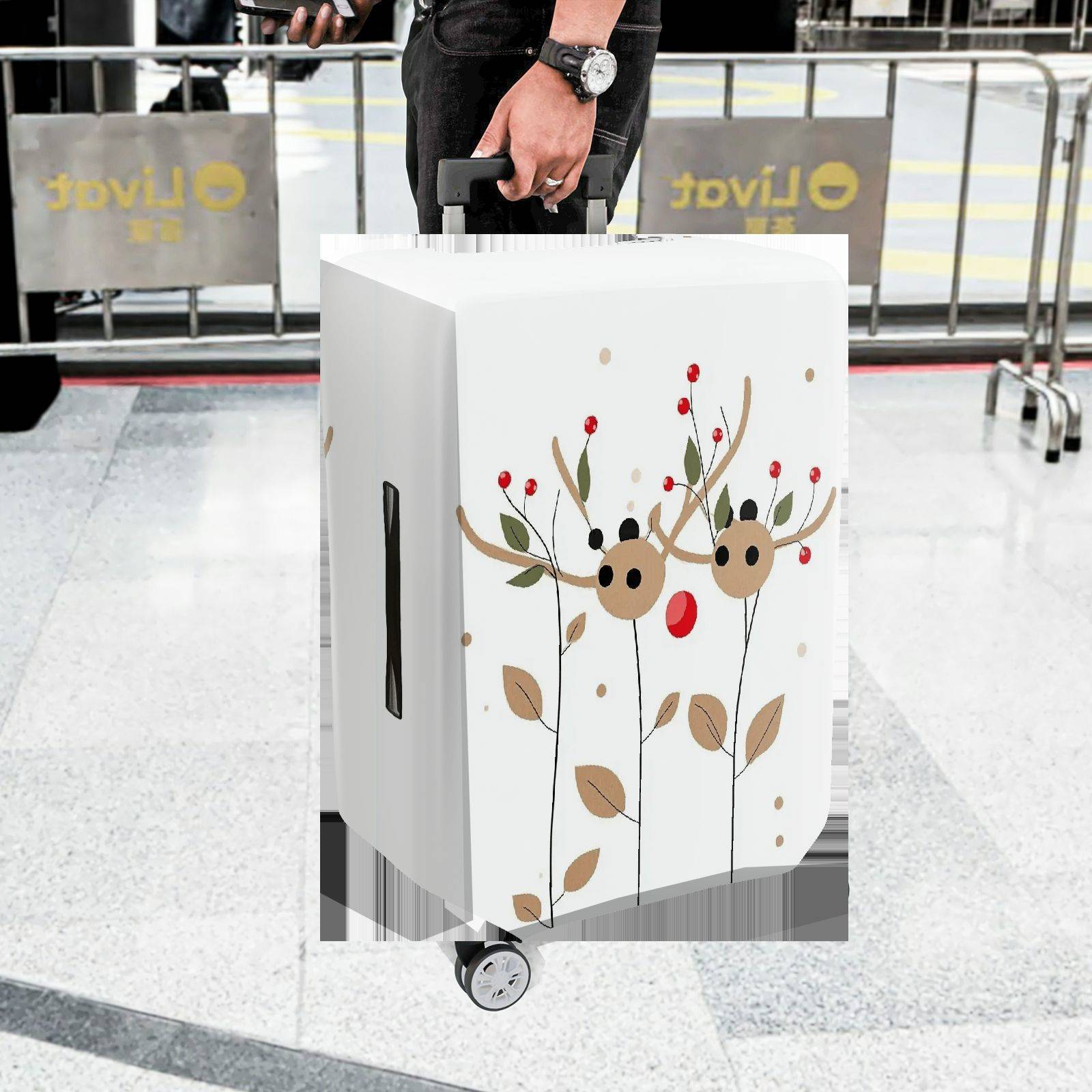 1-Piece Reindeer Leaf Berry Antler Holiday  Suitcase Luggage Cover, Stretch Protective Sleeve