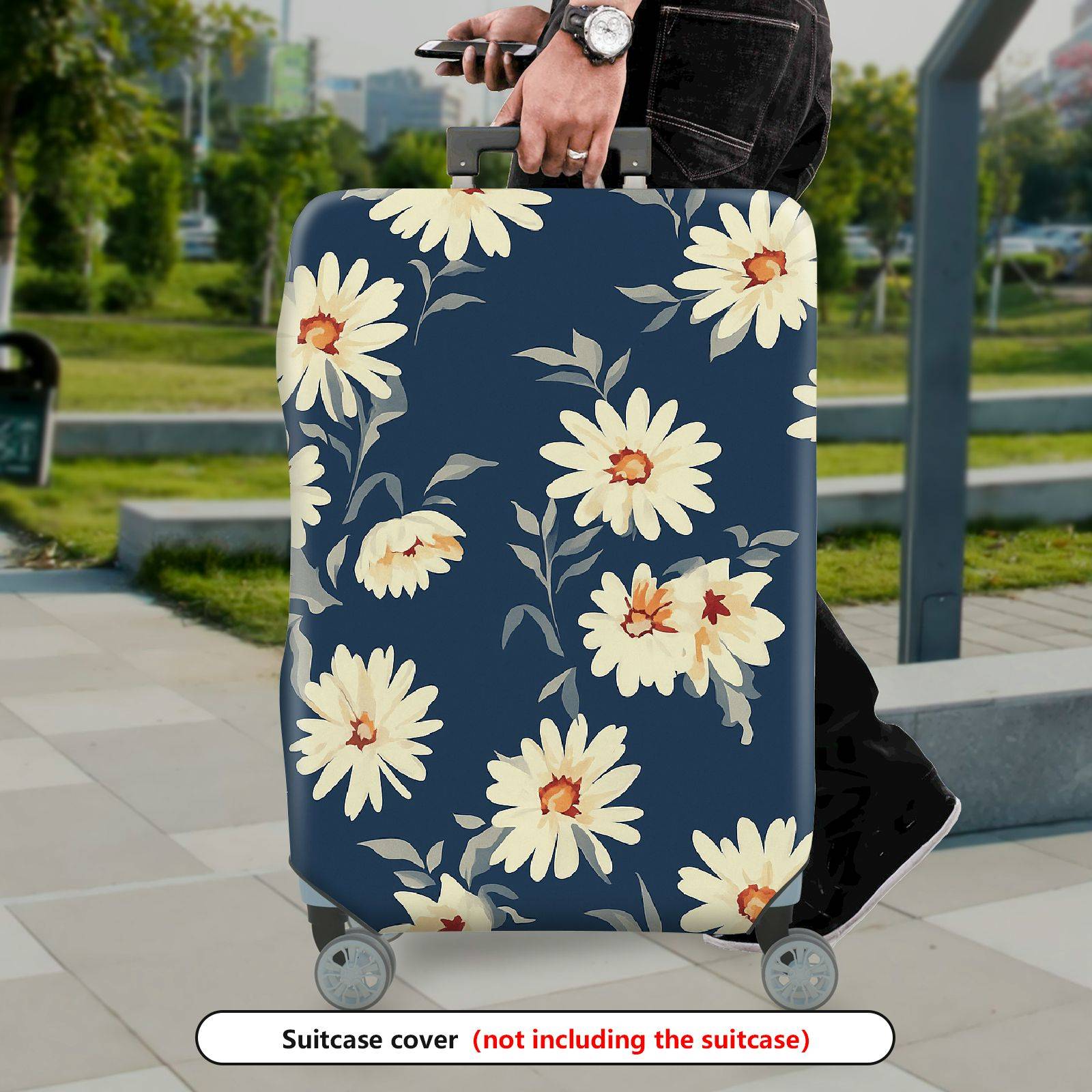 1-Piece Floral Daisy Pattern Blue Luggage  Suitcase Luggage Cover, Stretch Protective Sleeve