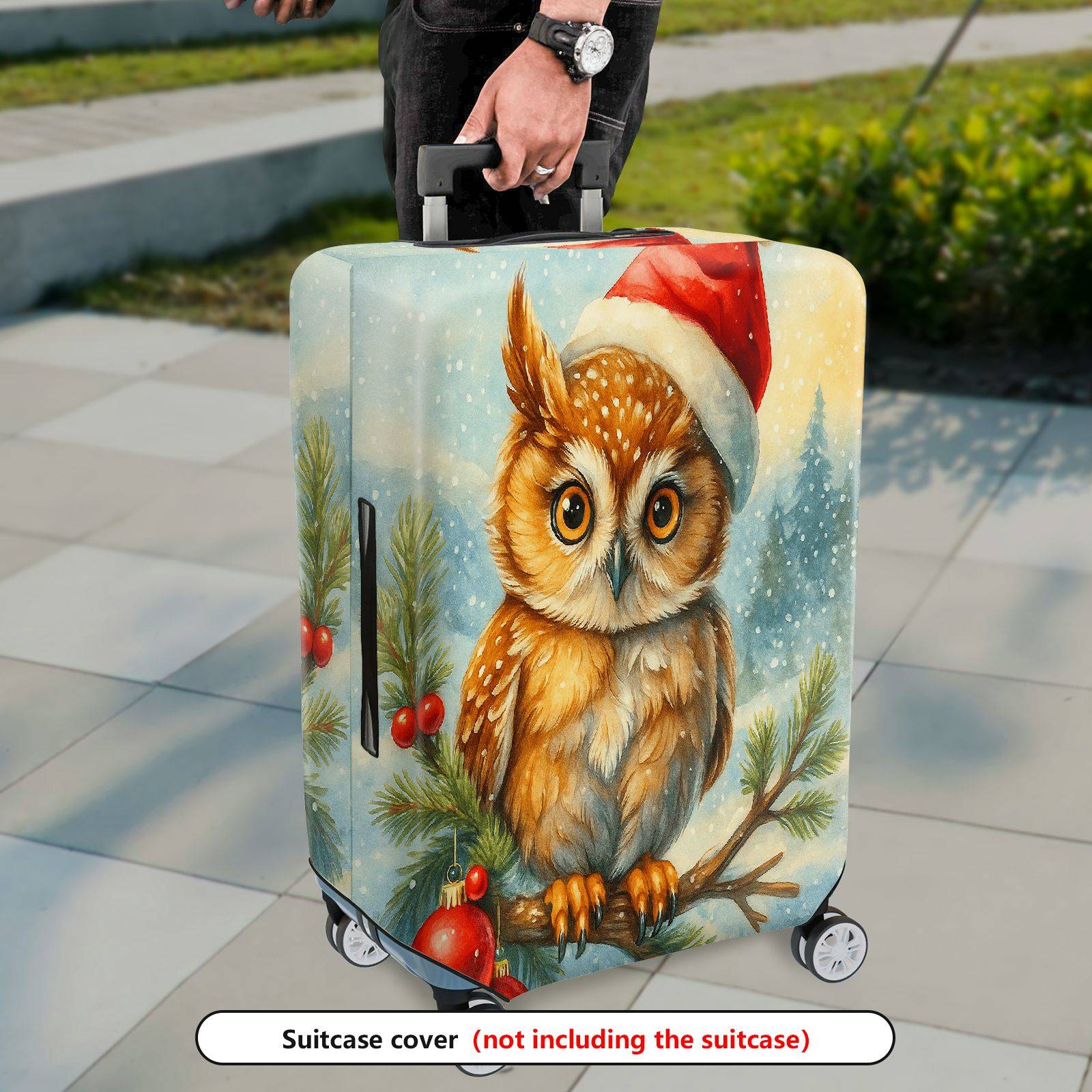 1-Piece Christmas Owl Winter Snow Holiday Red  Suitcase Luggage Cover, Stretch Protective Sleeve