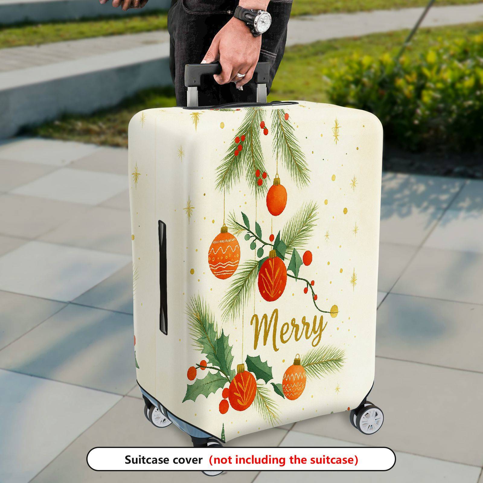 1-Piece Christmas Holiday Pine Ornament Merry  Suitcase Luggage Cover, Stretch Protective Sleeve