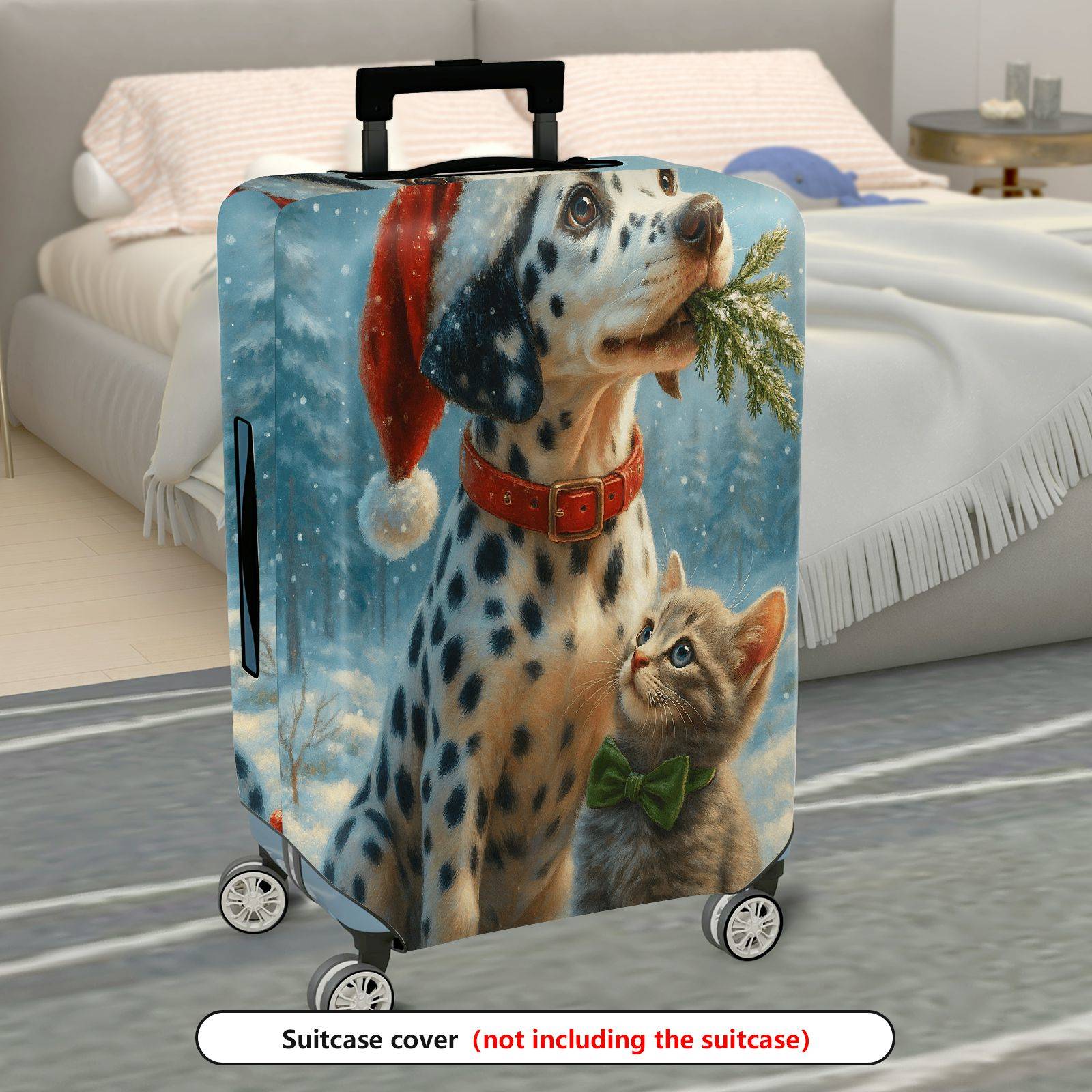 1-Piece Dalmatian Winter Cat Christmas Holiday Animal  Suitcase Luggage Cover, Stretch Protective Sleeve