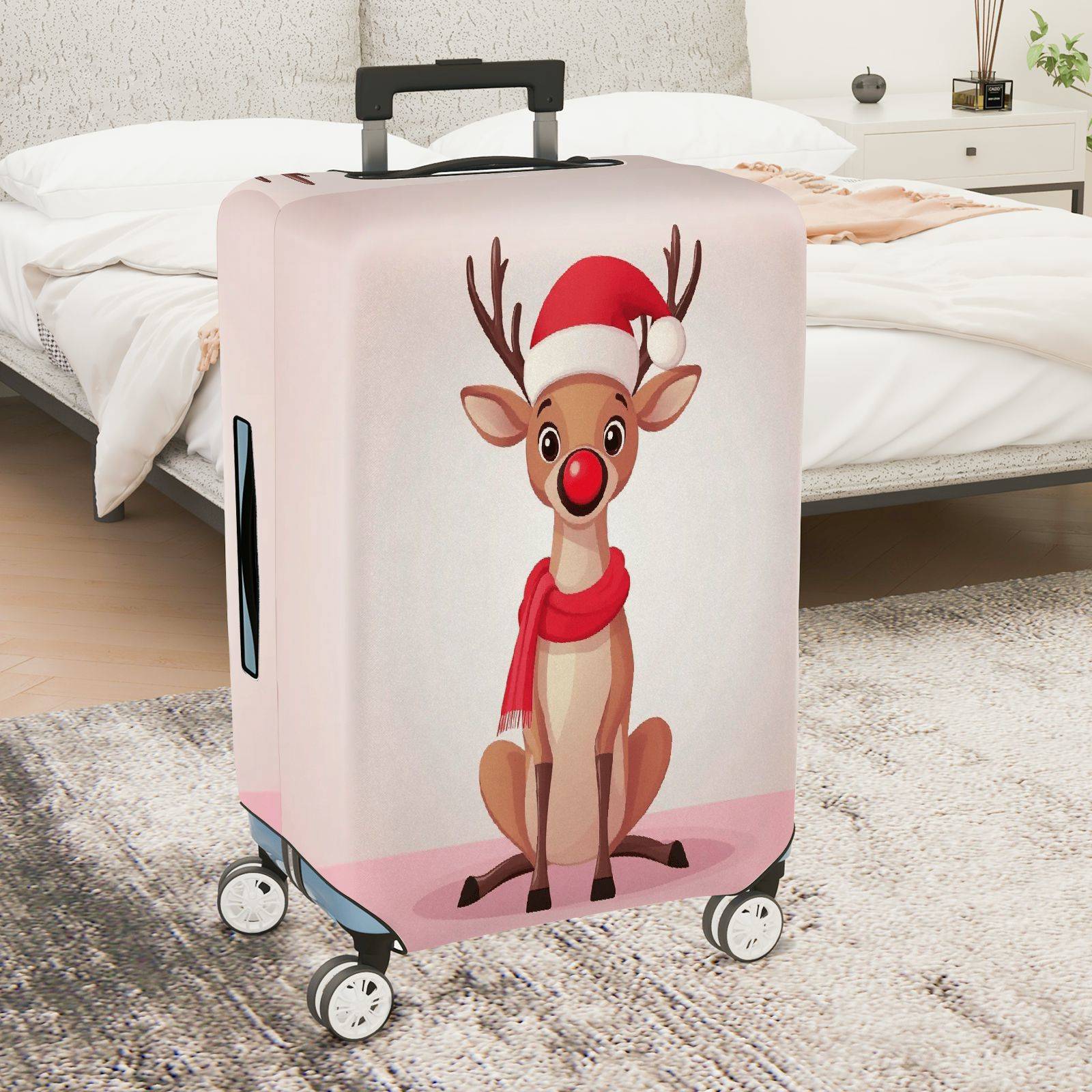 1-Piece Reindeer Santa Hat Red Nose Christmas Holiday Travel  Suitcase Luggage Cover, Stretch Protective Sleeve