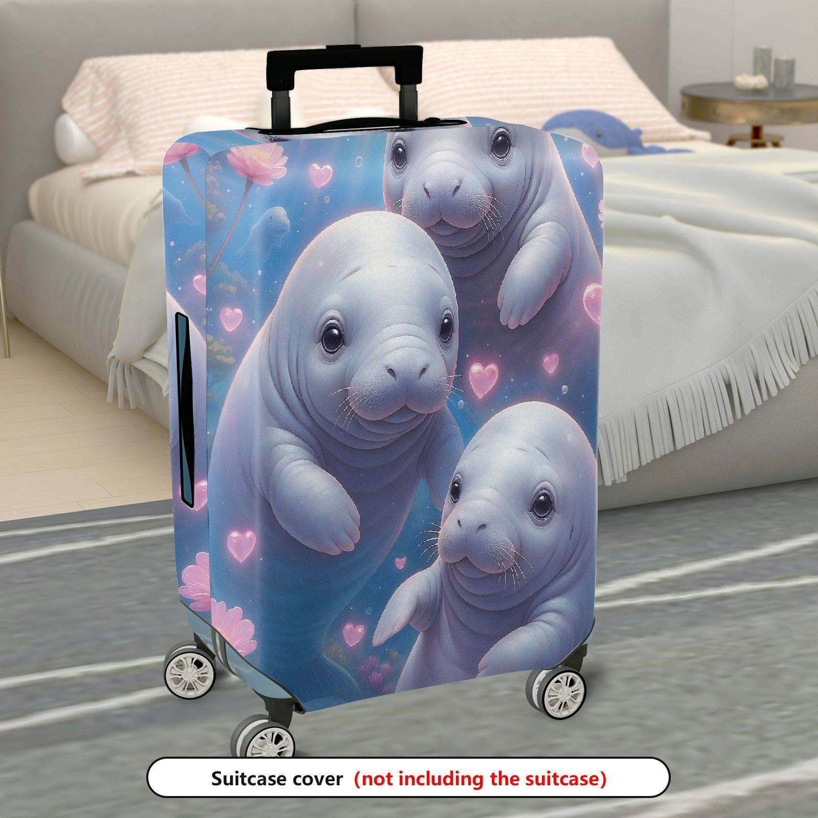 1-Piece Cute  Manatee Heart Floral Romantic  Suitcase Luggage Cover, Stretch Protective Sleeve