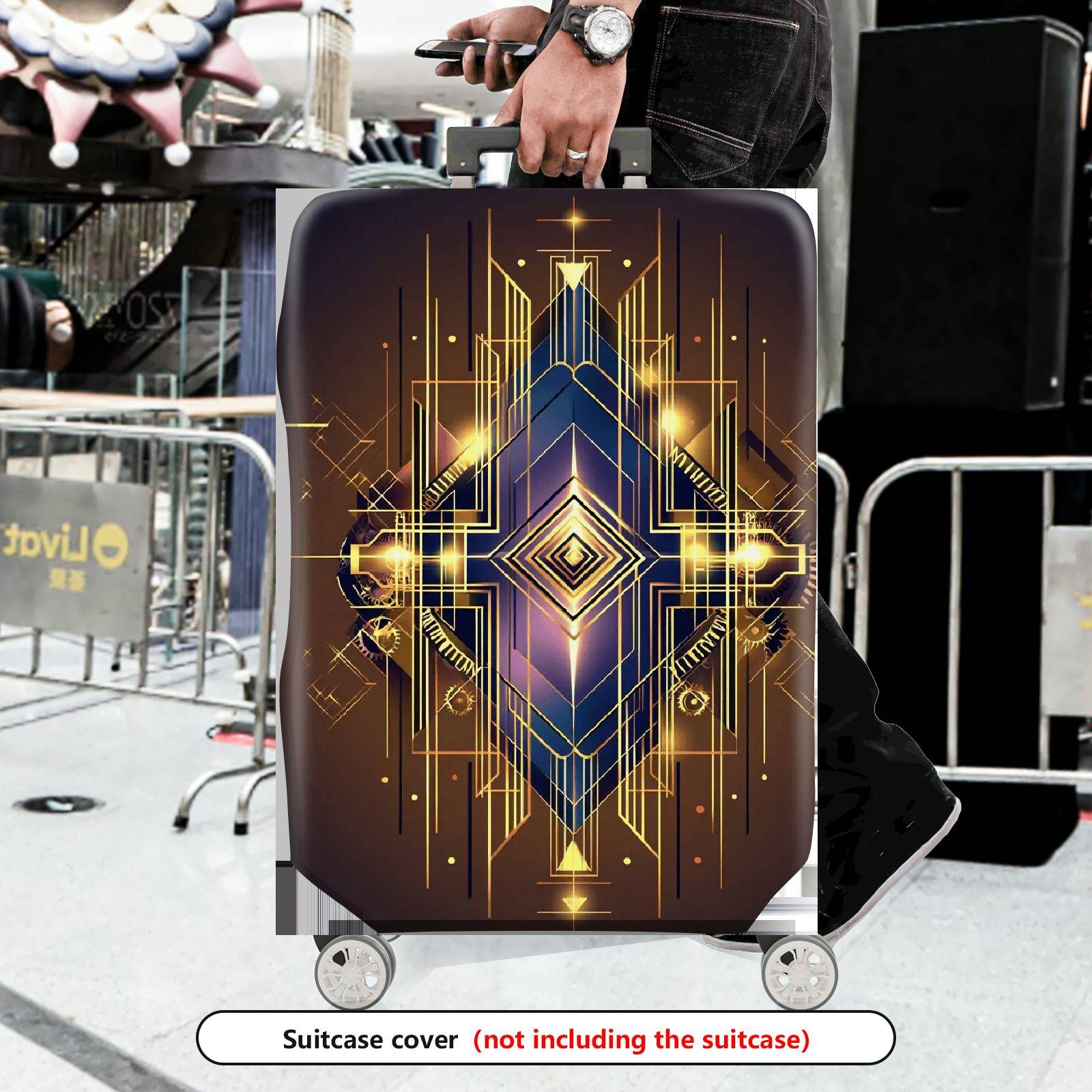 1-Piece Geometric Abstract Gold Line Art Deco Stylish Dark  Suitcase Luggage Cover, Stretch Protective Sleeve