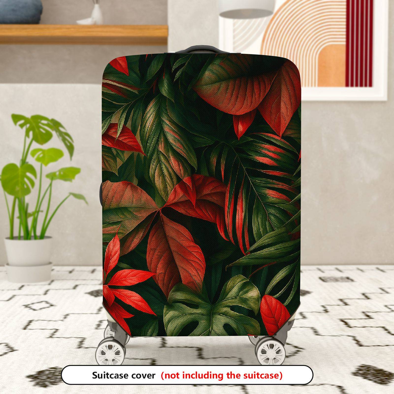 1-Piece Red Green Tropical Leaf Floral Jungle  Suitcase Luggage Cover, Stretch Protective Sleeve