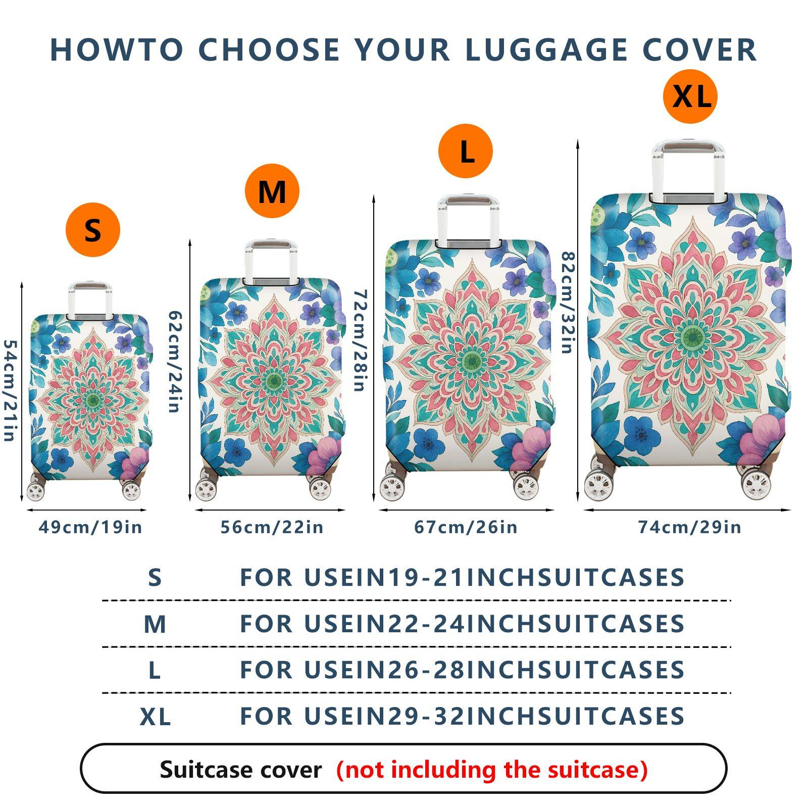1-Piece Mandala Floral Colorful Vibrant Artistic Decorative  Suitcase Luggage Cover, Stretch Protective Sleeve