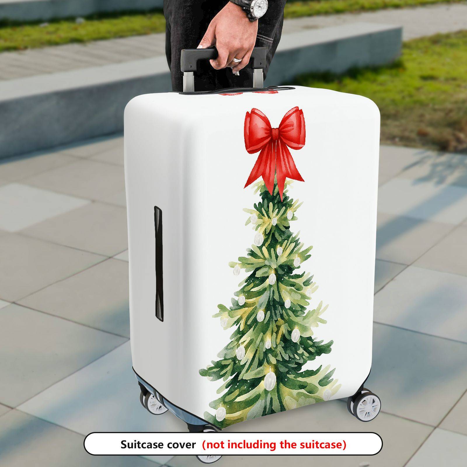 1-Piece Christmas Tree Red Ribbon Festive Holiday Luggage  Suitcase Luggage Cover, Stretch Protective Sleeve