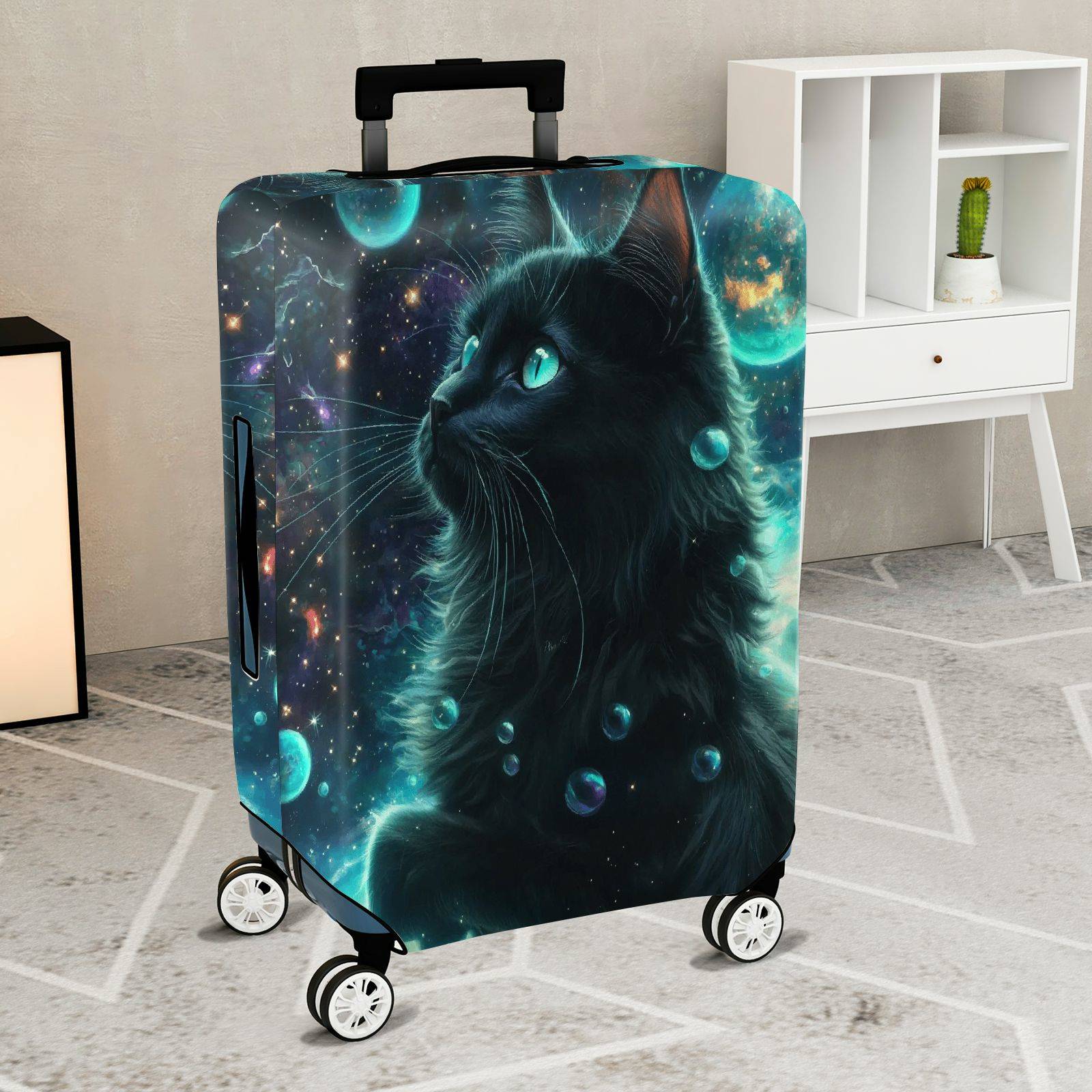 1-Piece Cosmic Feline Galaxy Starry Night Black  Suitcase Luggage Cover, Stretch Protective Sleeve