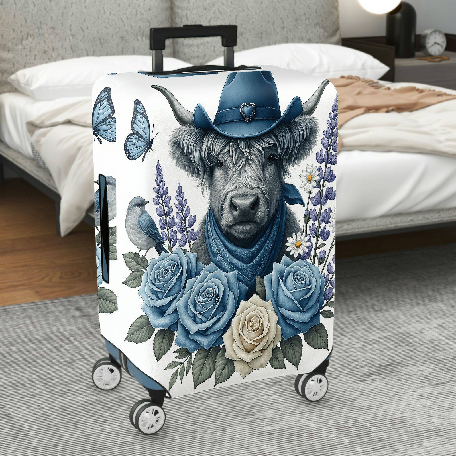 1-Piece Cowboy Cow Floral Butterfly Nature Bird  Suitcase Luggage Cover, Stretch Protective Sleeve