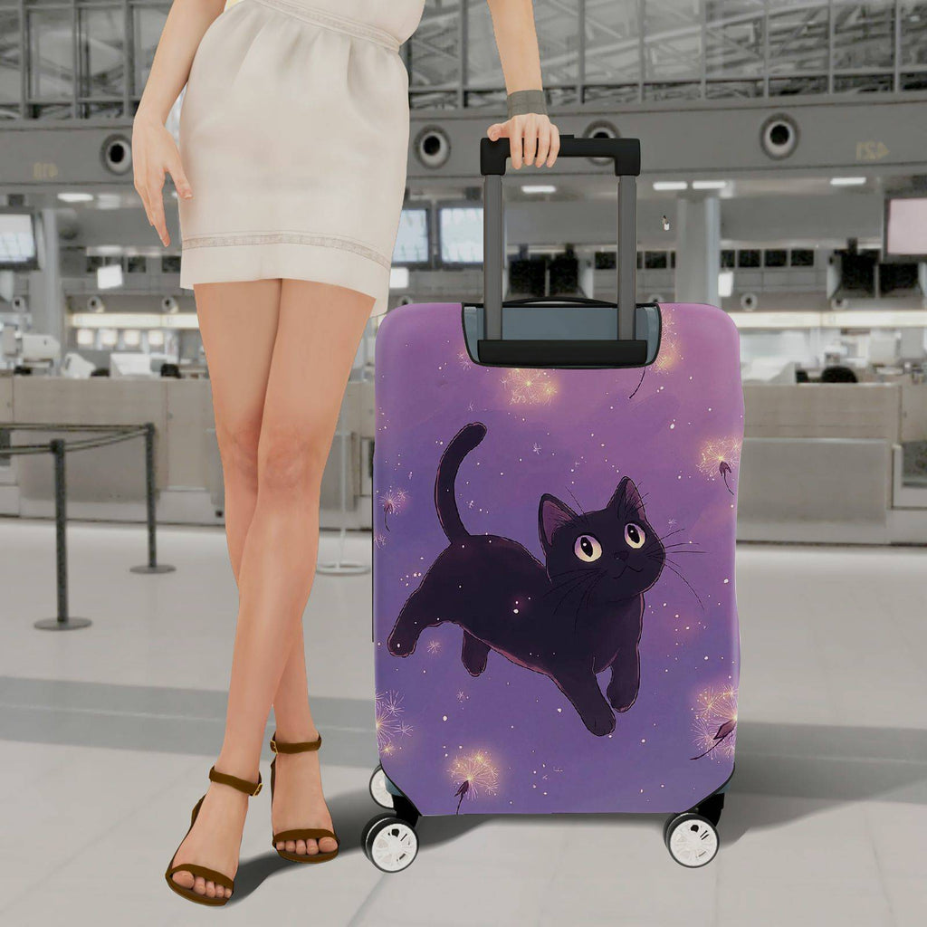 1-Piece Black Cat Dandelion Purple Cute Stylish Fun  Suitcase Luggage Cover, Stretch Protective Sleeve