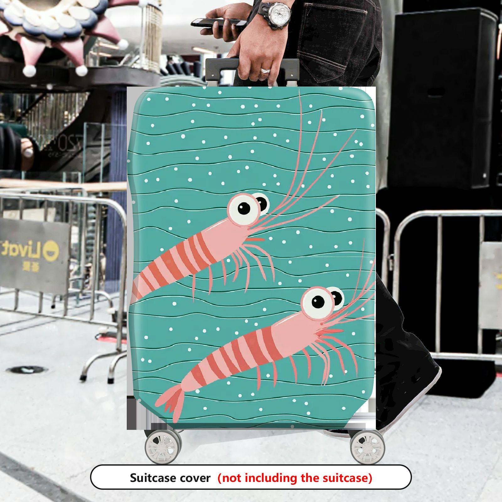 1-Piece Shrimp  Teal Striped Polka Dots Cute  Suitcase Luggage Cover, Stretch Protective Sleeve