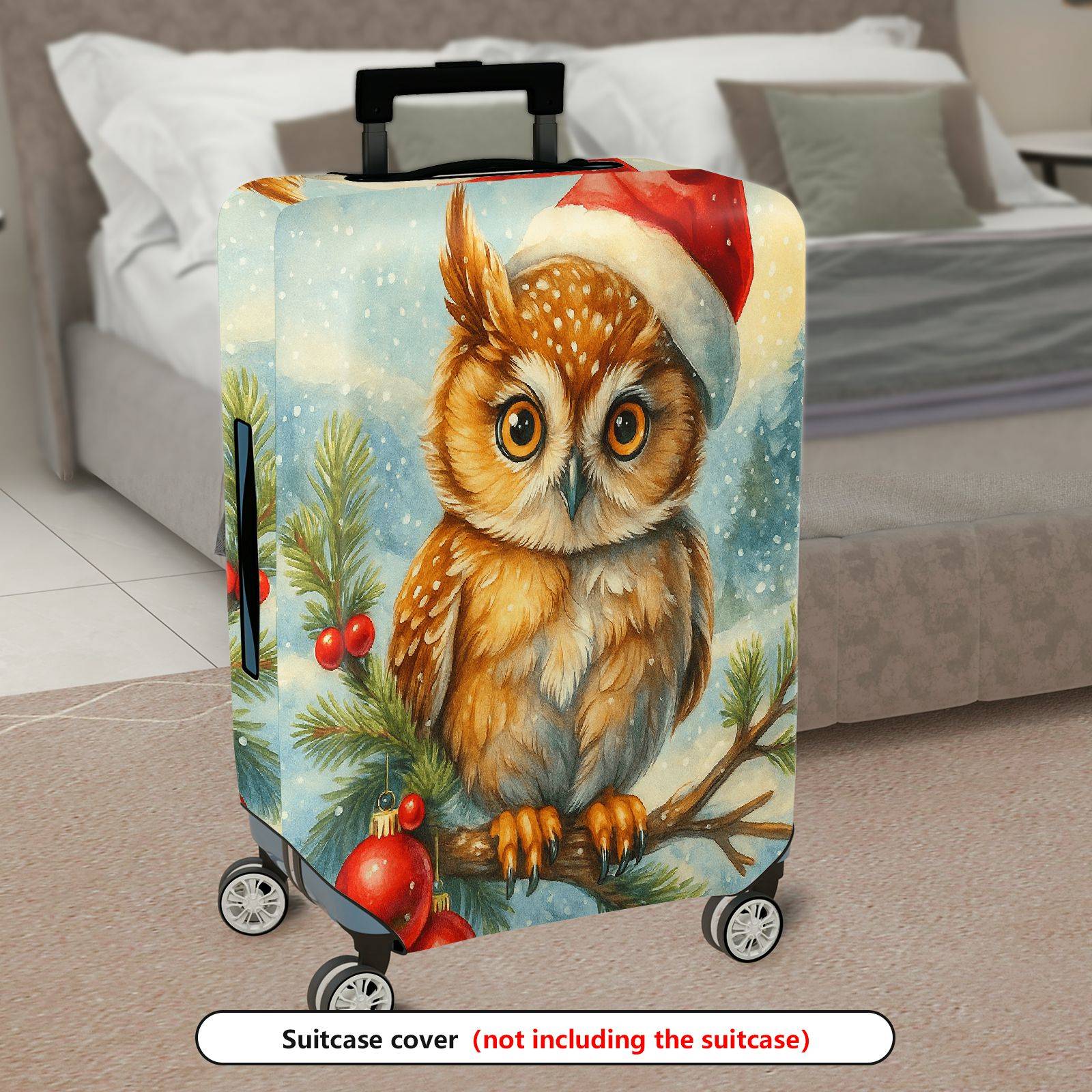 1-Piece Christmas Owl Winter Snow Holiday Red  Suitcase Luggage Cover, Stretch Protective Sleeve