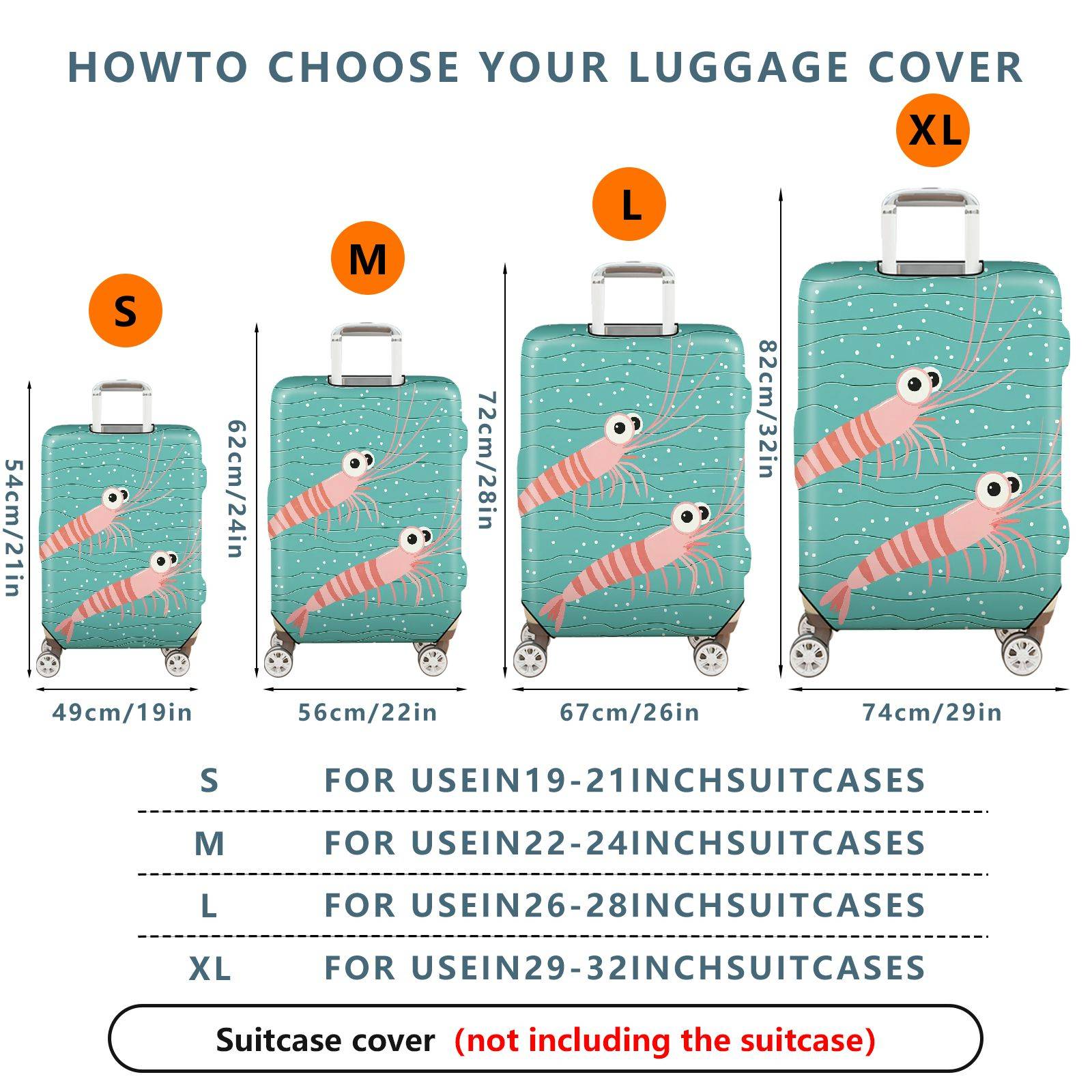 1-Piece Shrimp  Teal Striped Polka Dots Cute  Suitcase Luggage Cover, Stretch Protective Sleeve