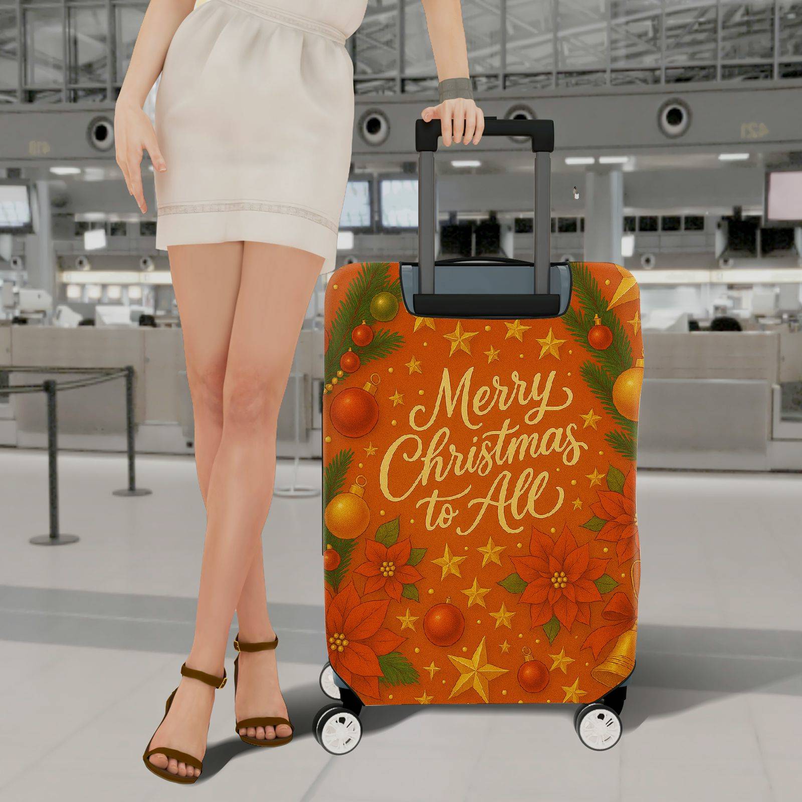 1-Piece Merry Christmas Poinsettia Orange Holiday Winter  Suitcase Luggage Cover, Stretch Protective Sleeve