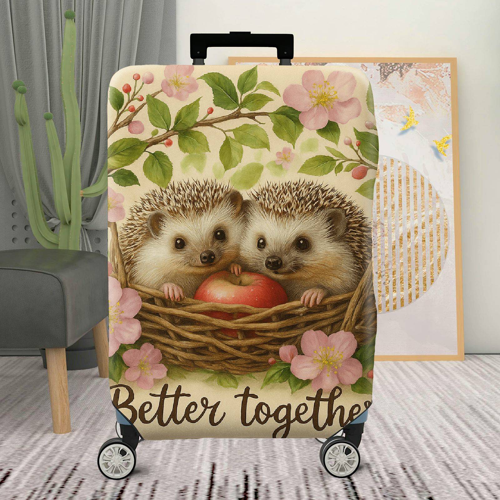 1-Piece Hedgehog Apple Floral Basket Love Cute  Suitcase Luggage Cover, Stretch Protective Sleeve