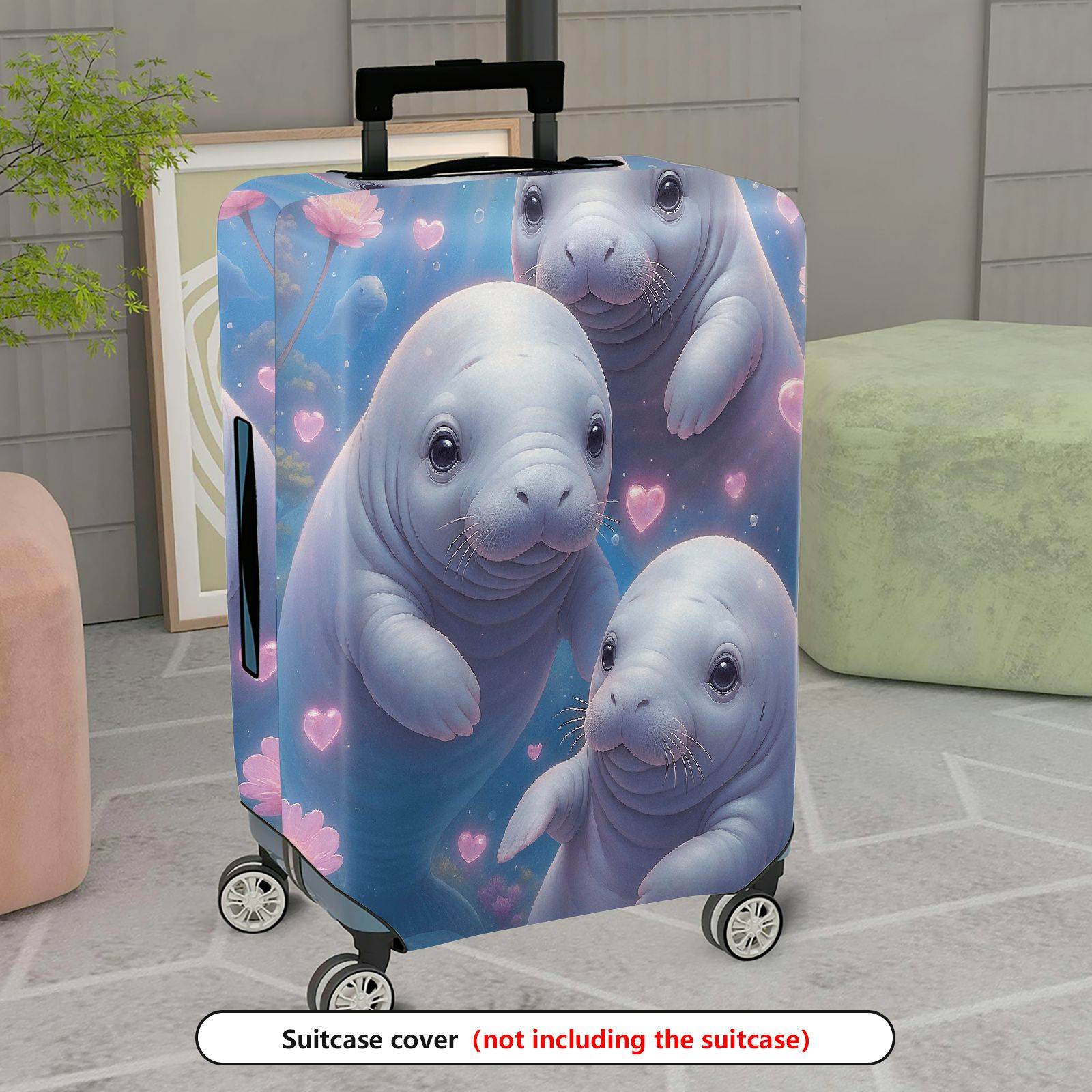 1-Piece Cute  Manatee Heart Floral Romantic  Suitcase Luggage Cover, Stretch Protective Sleeve