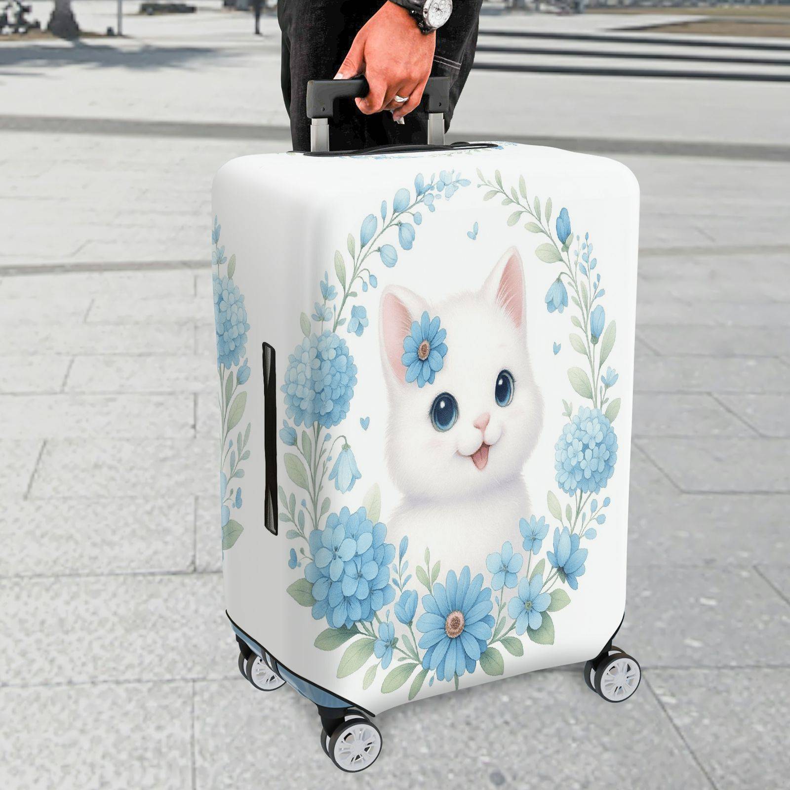 1-Piece Floral Cat Design Blooming Blue Daisy Leaves Nature  Suitcase Luggage Cover, Stretch Protective Sleeve