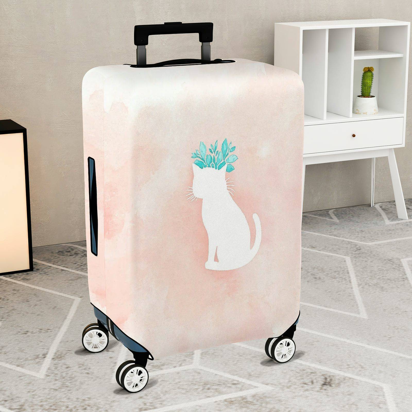 1-Piece Cat Plant Watercolor Pink Cute Stylish Modern  Suitcase Luggage Cover, Stretch Protective Sleeve