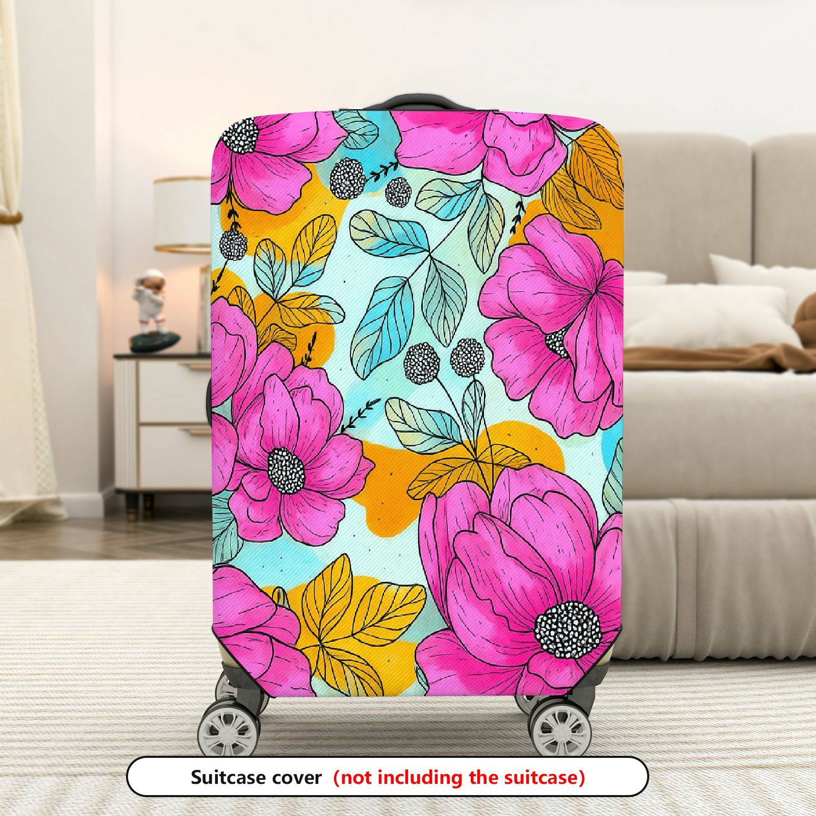 1-Piece Floral Pink Orange Blue Leaf Berry  Suitcase Luggage Cover, Stretch Protective Sleeve