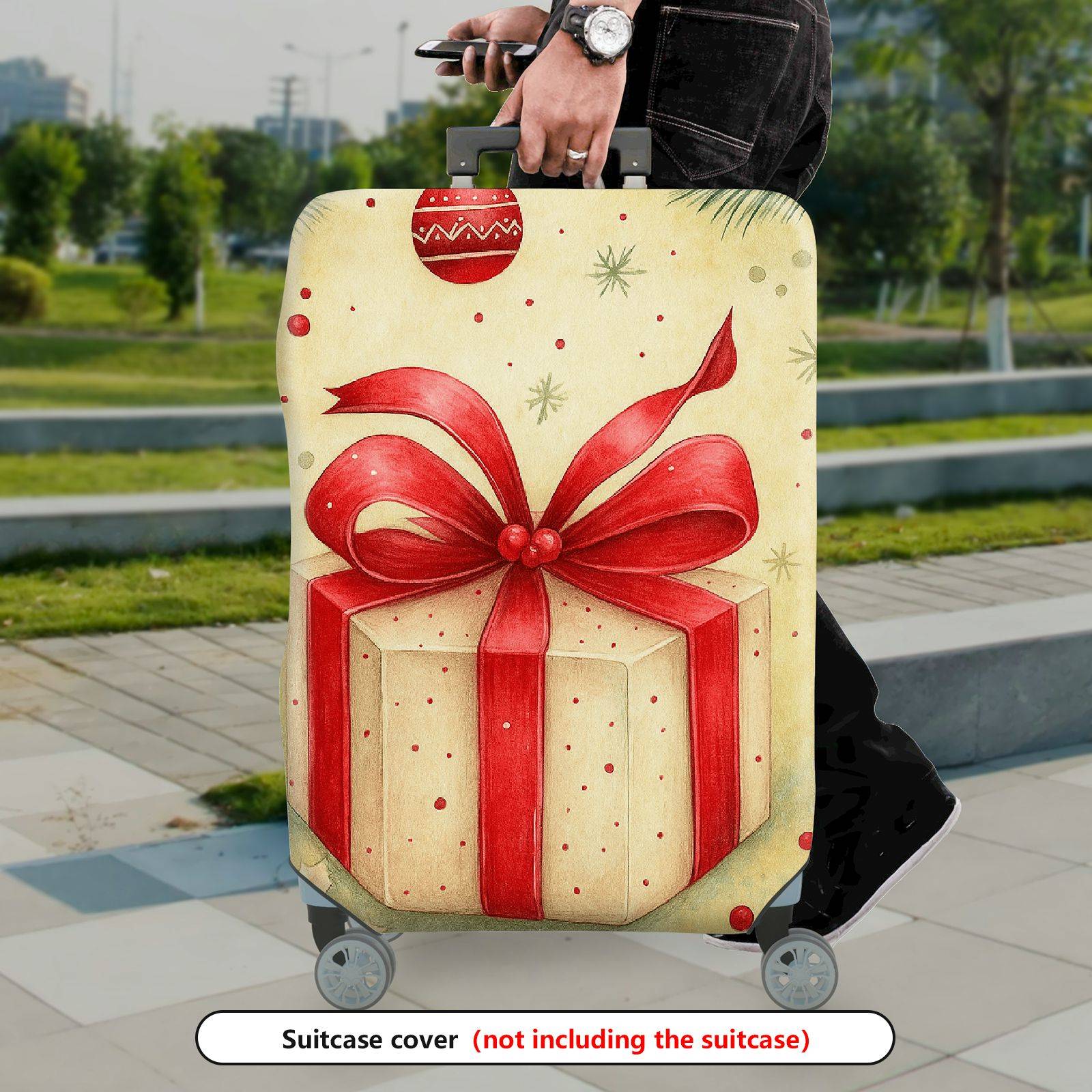 1-Piece Red Ribbon Gift Festive Decorative Holiday  Suitcase Luggage Cover, Stretch Protective Sleeve