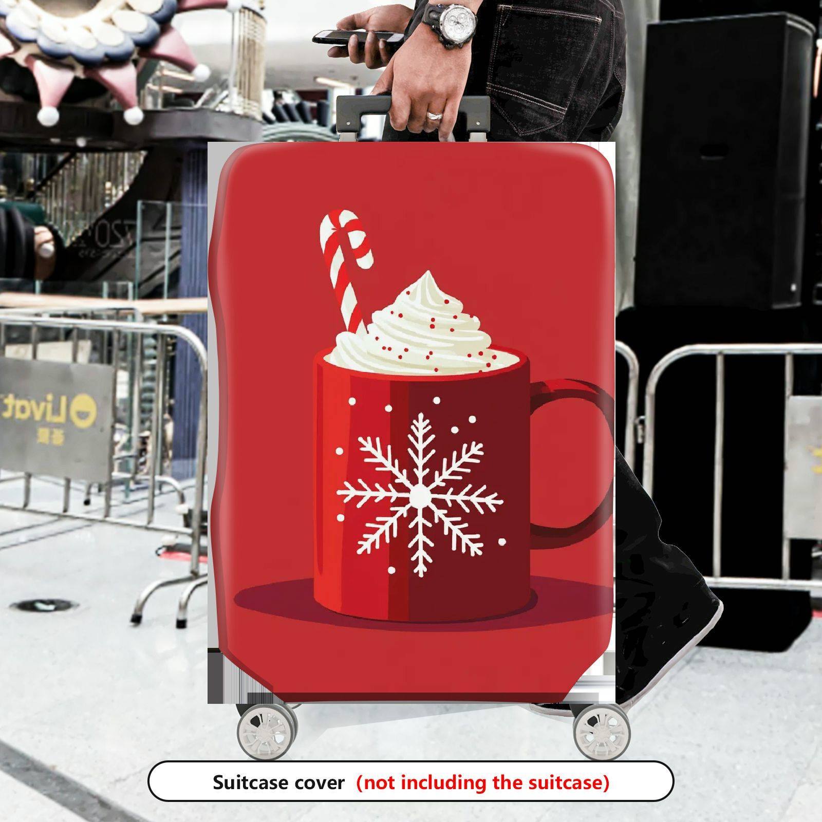 1-Piece Red Snowflake Candy Cane Hot Chocolate Holiday  Suitcase Luggage Cover, Stretch Protective Sleeve