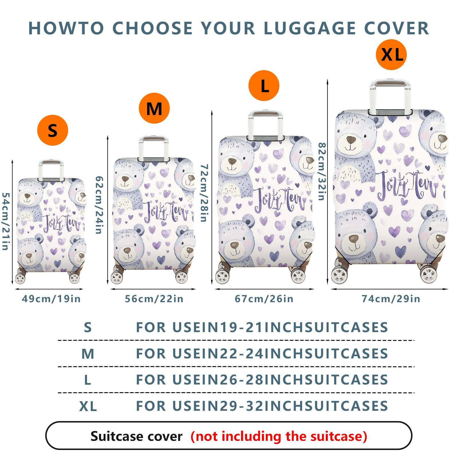 1-Piece Cute Bear Purple Heart  Travel  Suitcase Luggage Cover, Stretch Protective Sleeve