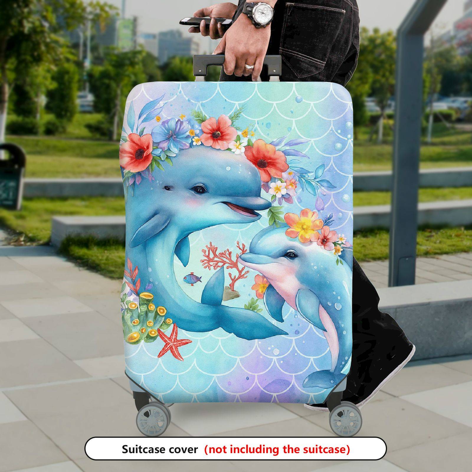 1-Piece Dolphin Floral Watercolor Ocean Mermaid Pattern  Suitcase Luggage Cover, Stretch Protective Sleeve