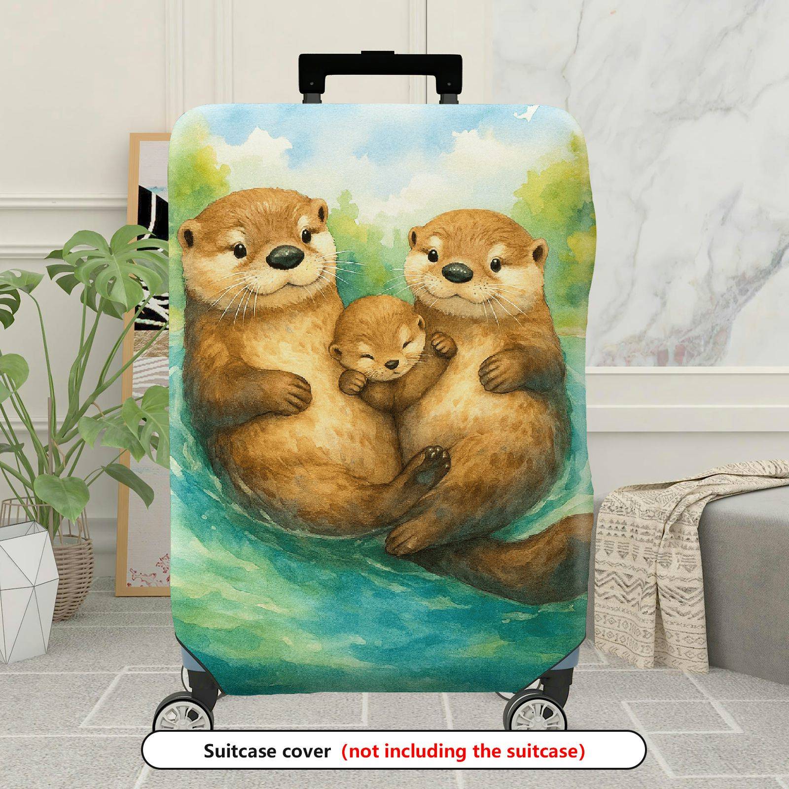 1-Piece Adorable Otter Watercolor Art  Nature Family  Suitcase Luggage Cover, Stretch Protective Sleeve