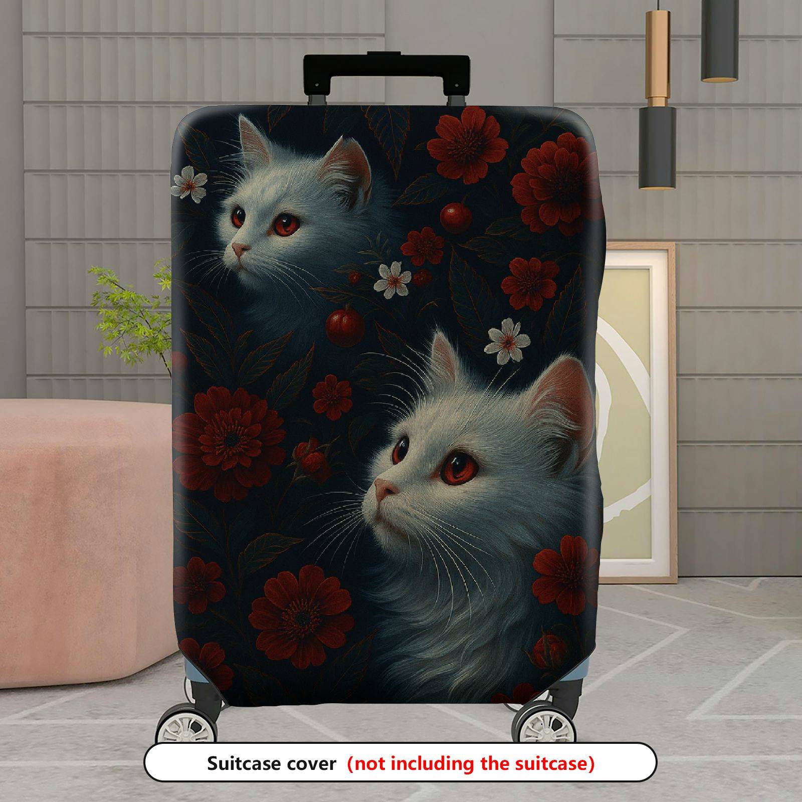 1-Piece Cat Floral Red Black White Nature Artistic Cute  Suitcase Luggage Cover, Stretch Protective Sleeve