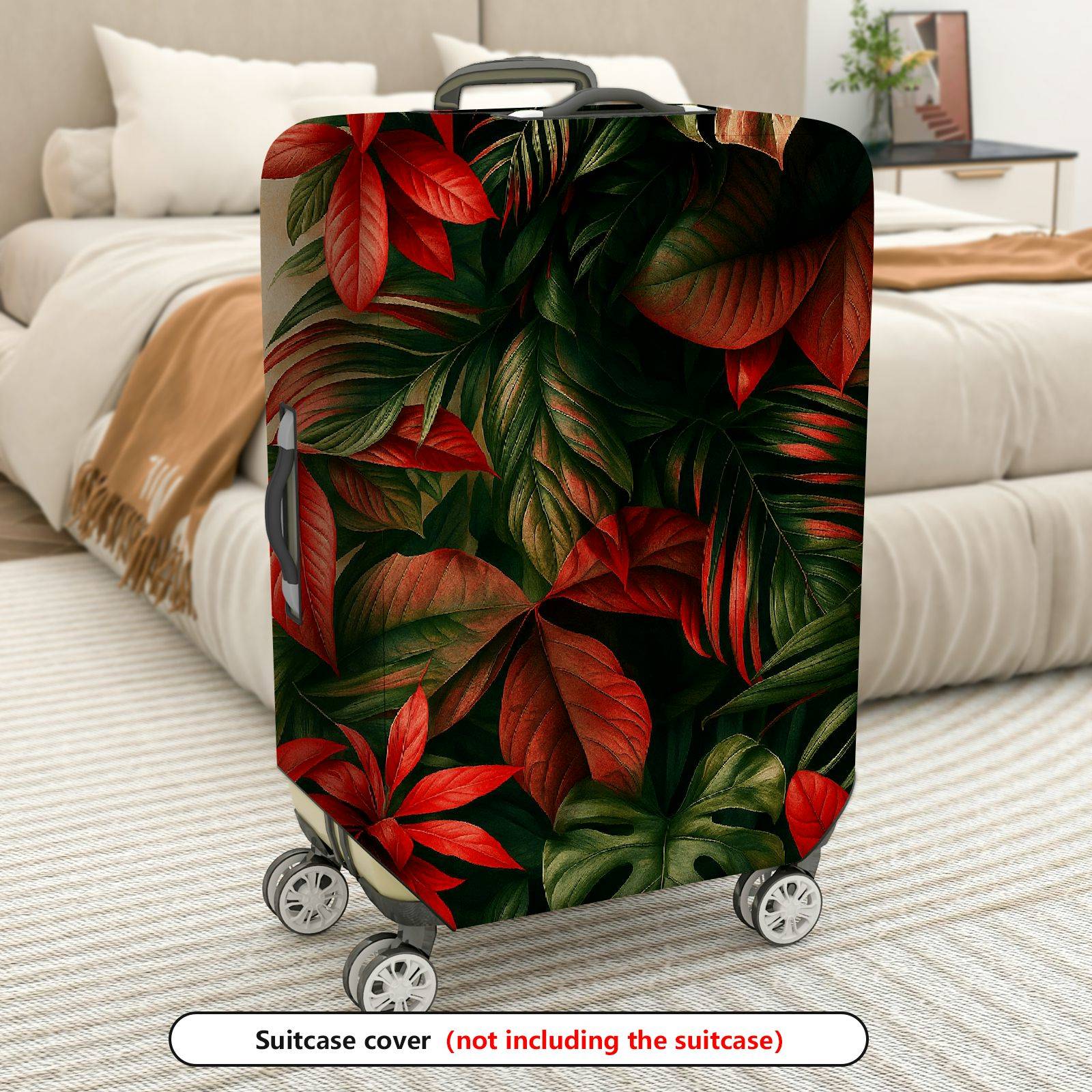 1-Piece Red Green Tropical Leaf Floral Jungle  Suitcase Luggage Cover, Stretch Protective Sleeve