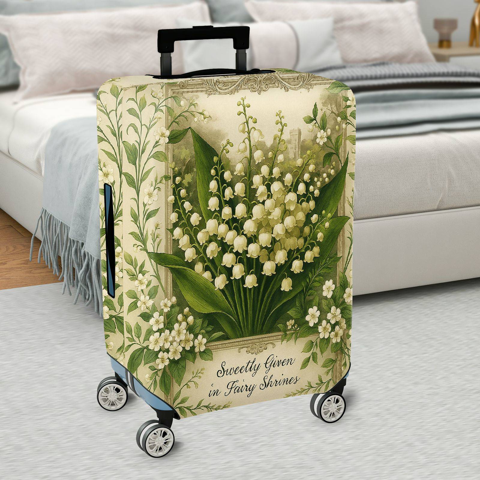 1-Piece Elegant Floral Lily Green Art Vintage  Suitcase Luggage Cover, Stretch Protective Sleeve
