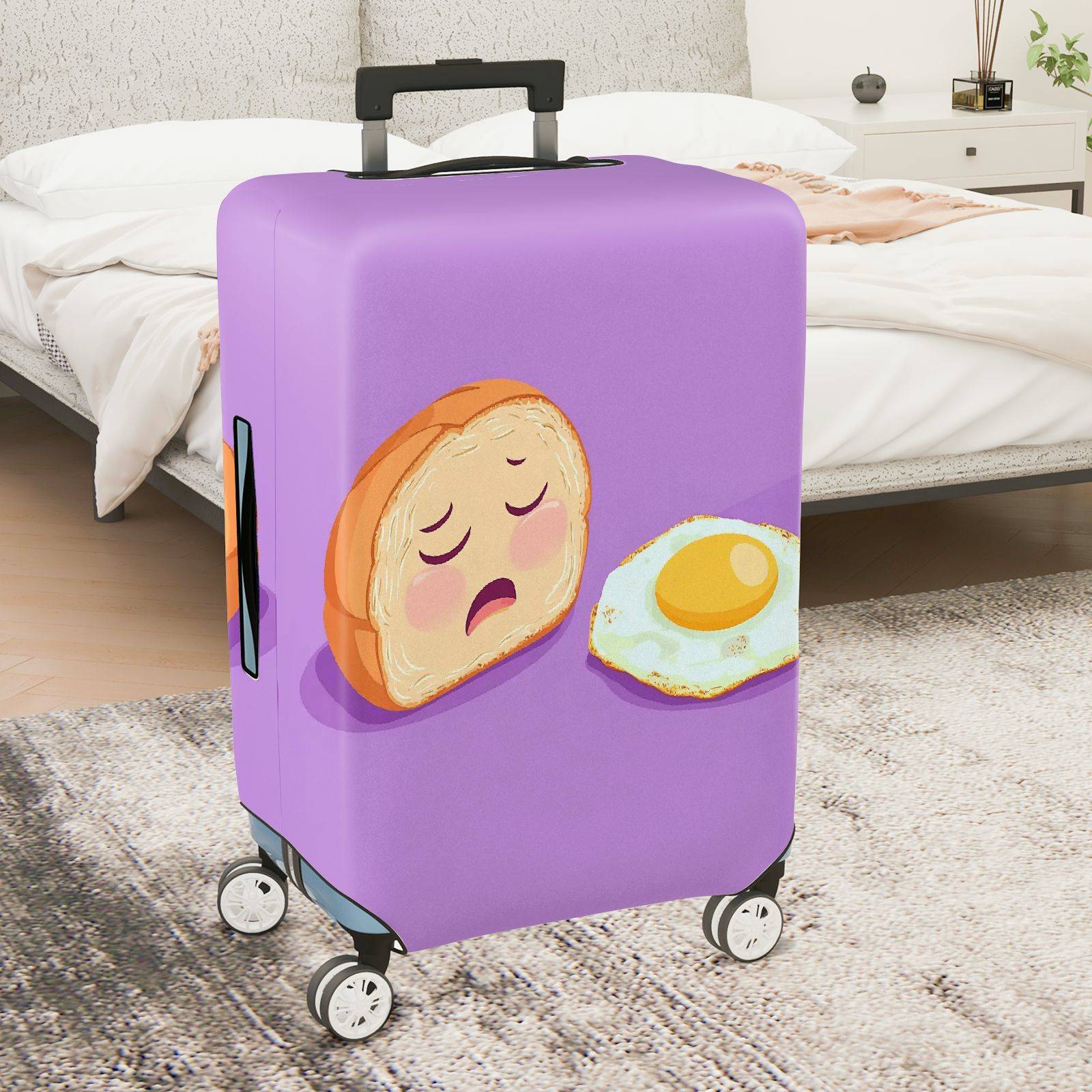 1-Piece Cute  Breakfast Bread Egg Purple  Suitcase Luggage Cover, Stretch Protective Sleeve