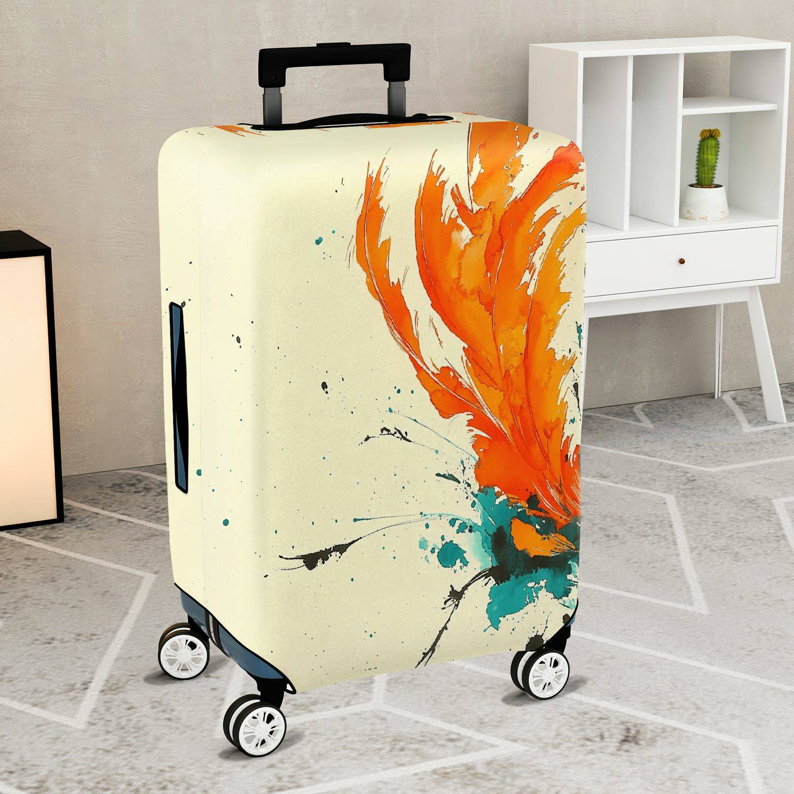 1-Piece Abstract Orange Feather Brush Colorful Splatter Art  Suitcase Luggage Cover, Stretch Protective Sleeve