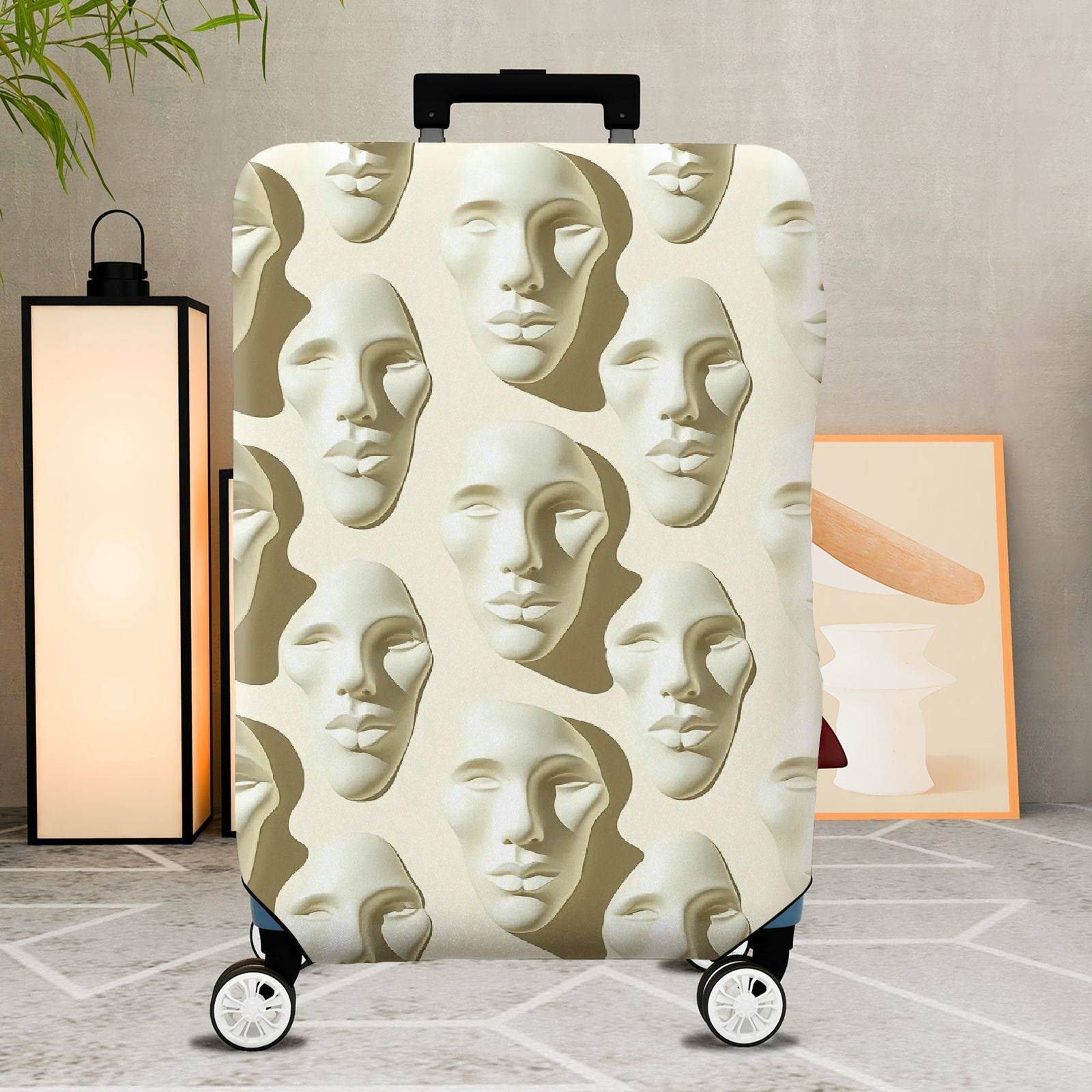 1-Piece Artistic Abstract Face Pattern White Beige  Suitcase Luggage Cover, Stretch Protective Sleeve