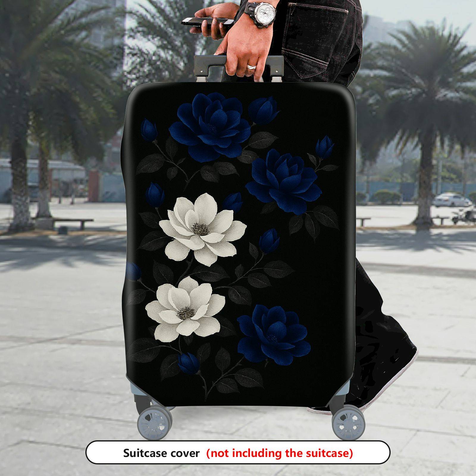 1-Piece Black Floral White Blue Elegant Chic Artistic  Suitcase Luggage Cover, Stretch Protective Sleeve