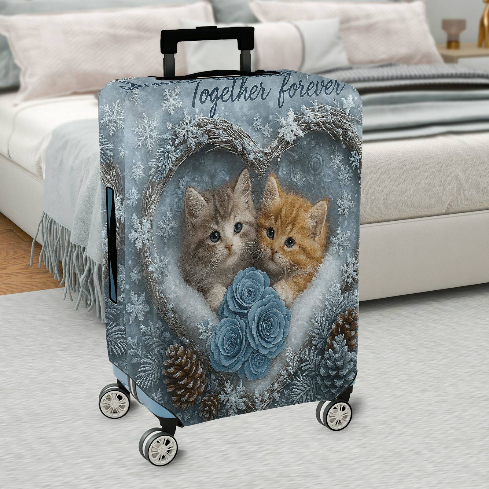 1-Piece Cute Winter Cat Heart Snowflake Rose  Suitcase Luggage Cover, Stretch Protective Sleeve