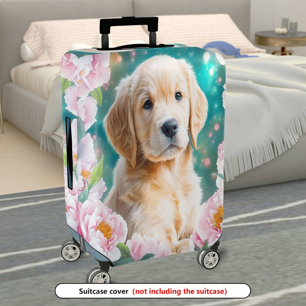 1-Piece Floral Dog Pink Peony Cute Animal  Suitcase Luggage Cover, Stretch Protective Sleeve